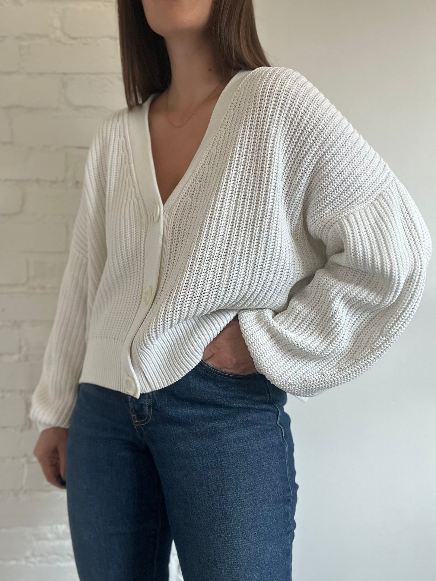 Chunky White Knit Cardigan - Size L (oversized)