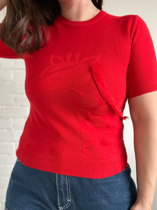 Red Giraffe Knit T-shirt - Size S