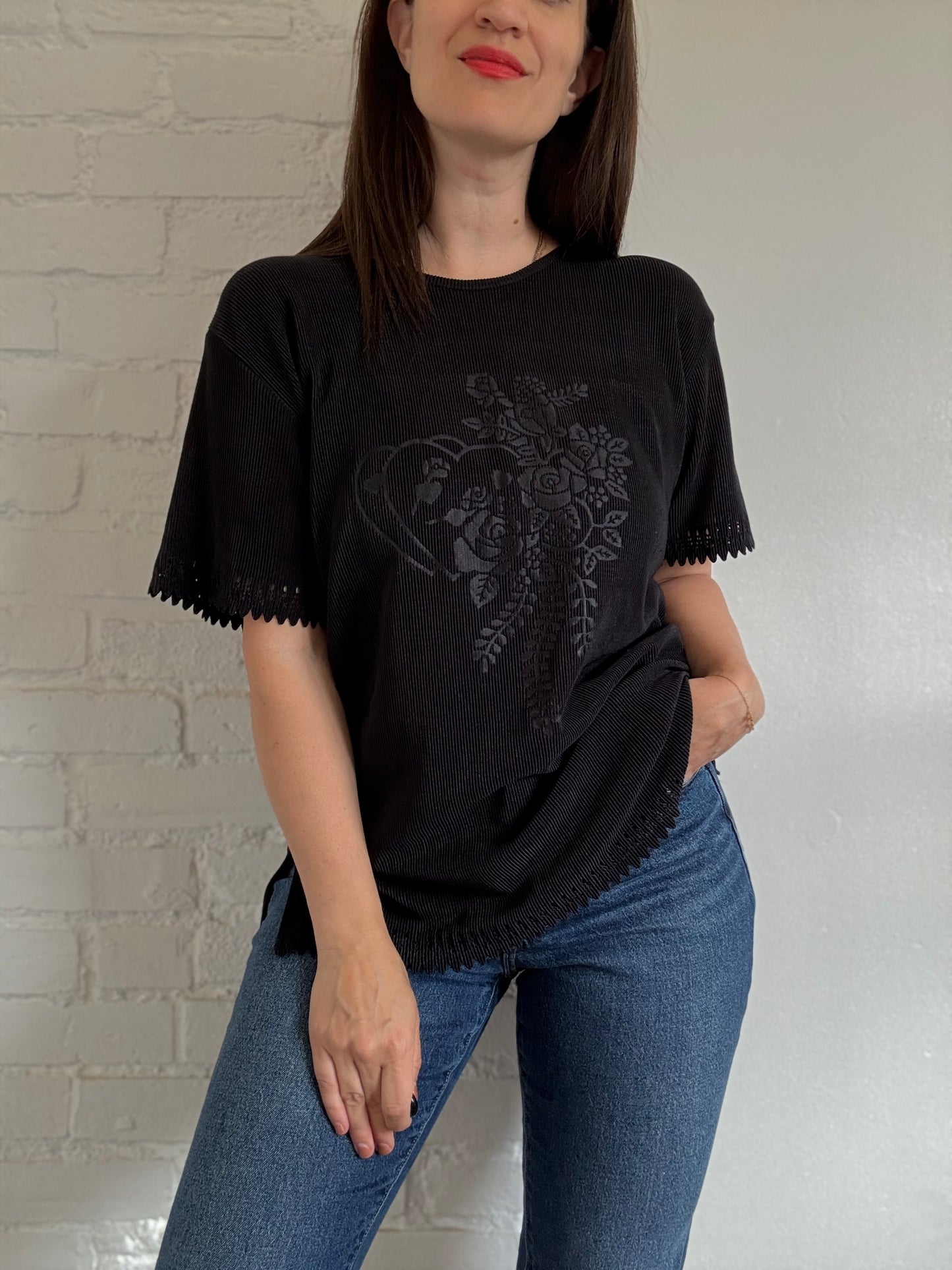 Black Plisse Floral Shirt - Size L