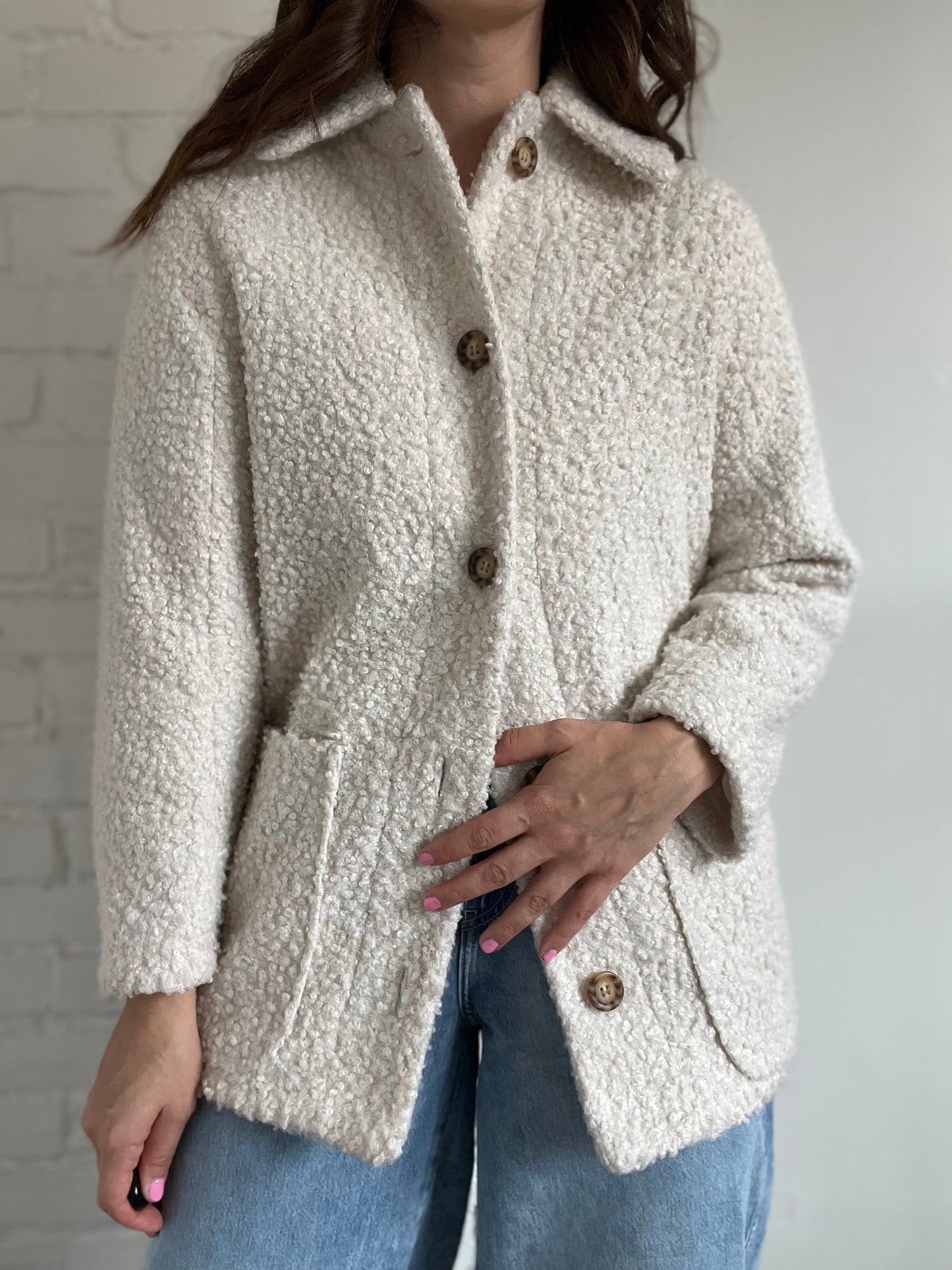 Cream Textured Teddy Jacket - Size 4 or S (oversized)