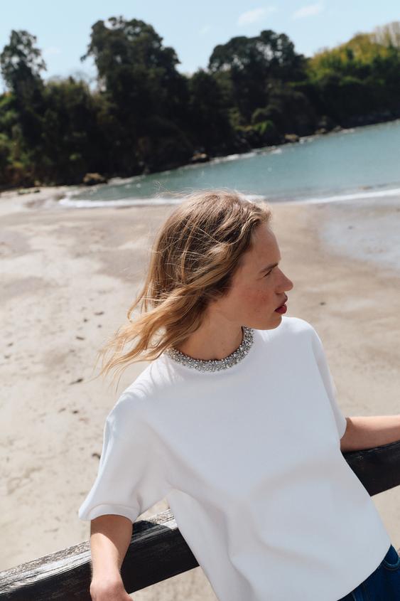 Embellished White Knit Top - Size S