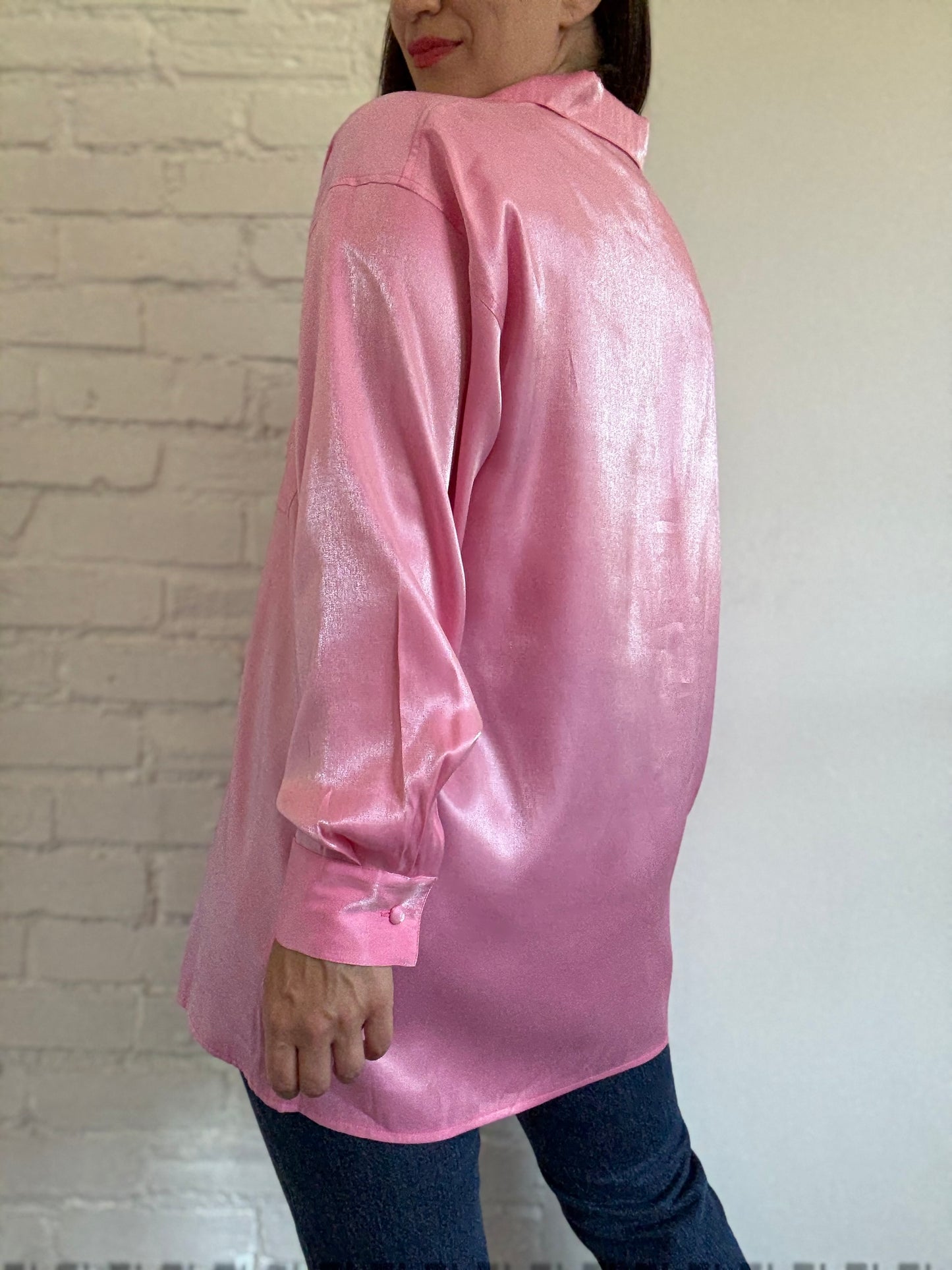 Oversized Bubblegum Satin Shirt - Size L