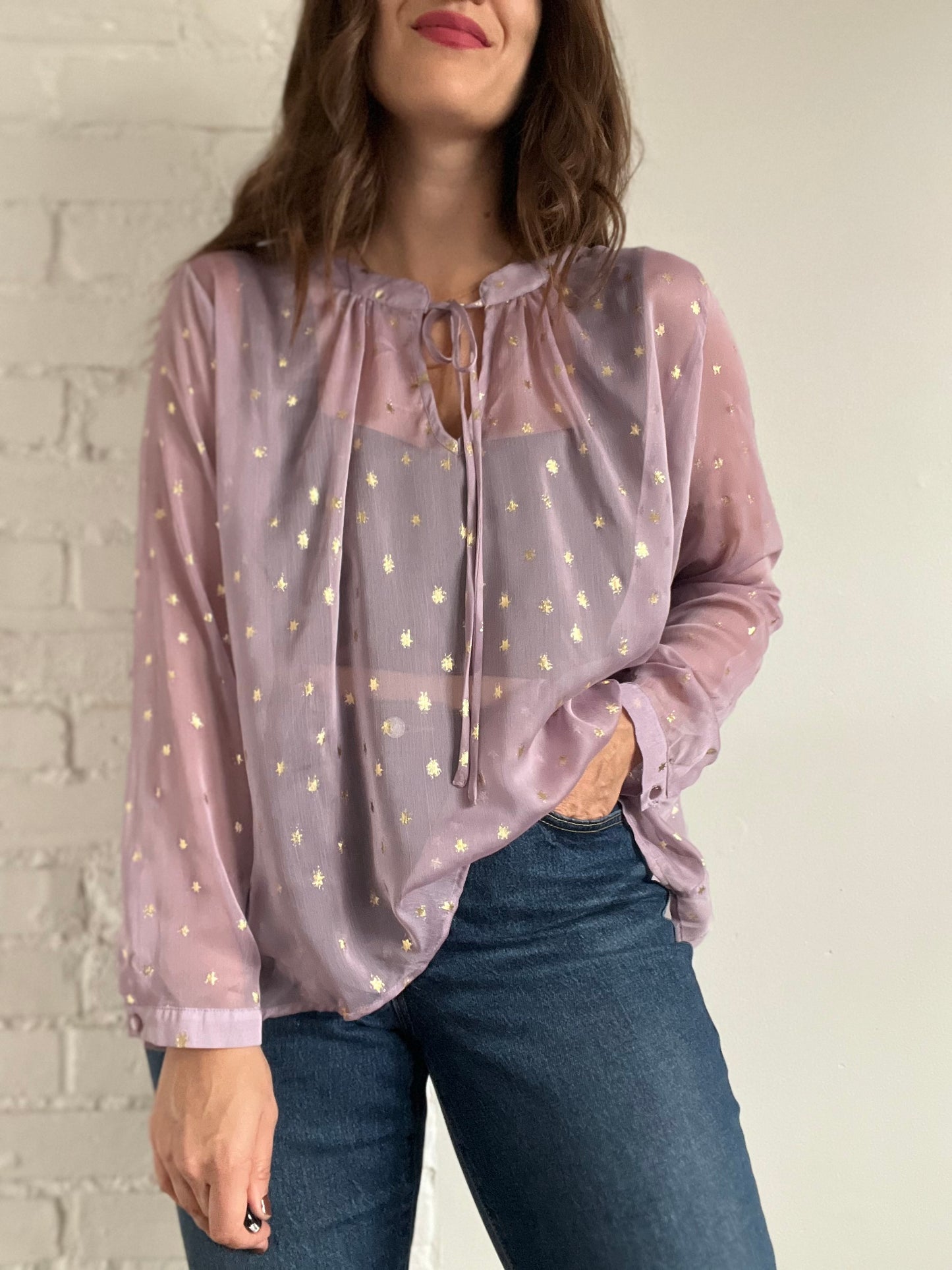 Sheer Gold Star Tie-Neck Blouse - L