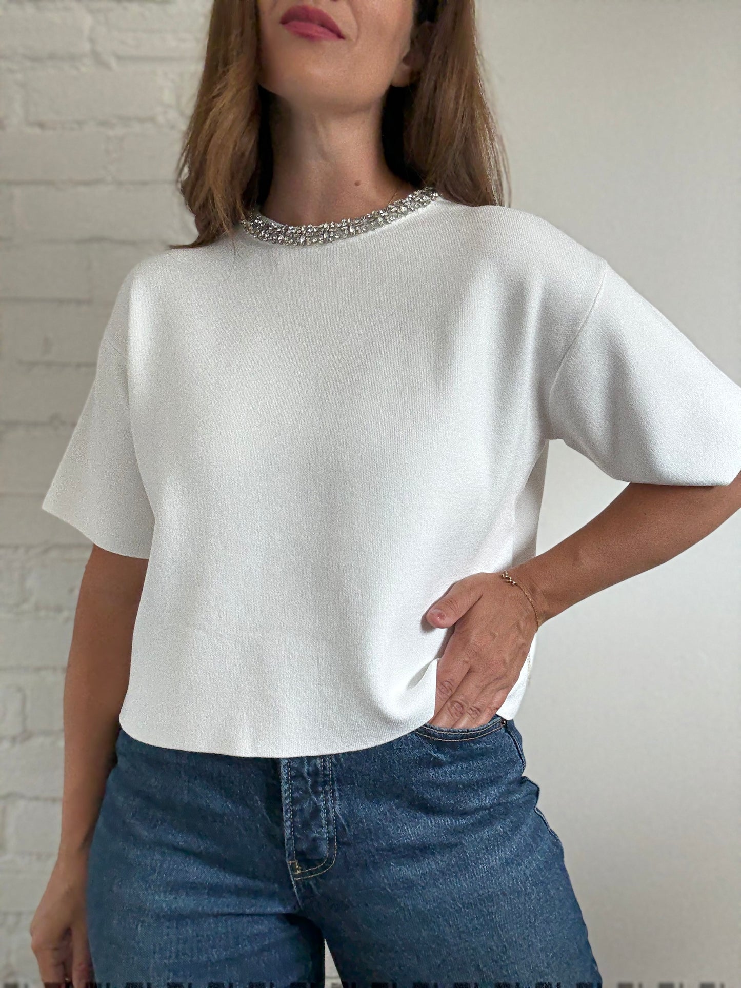 Embellished White Knit Top - Size S