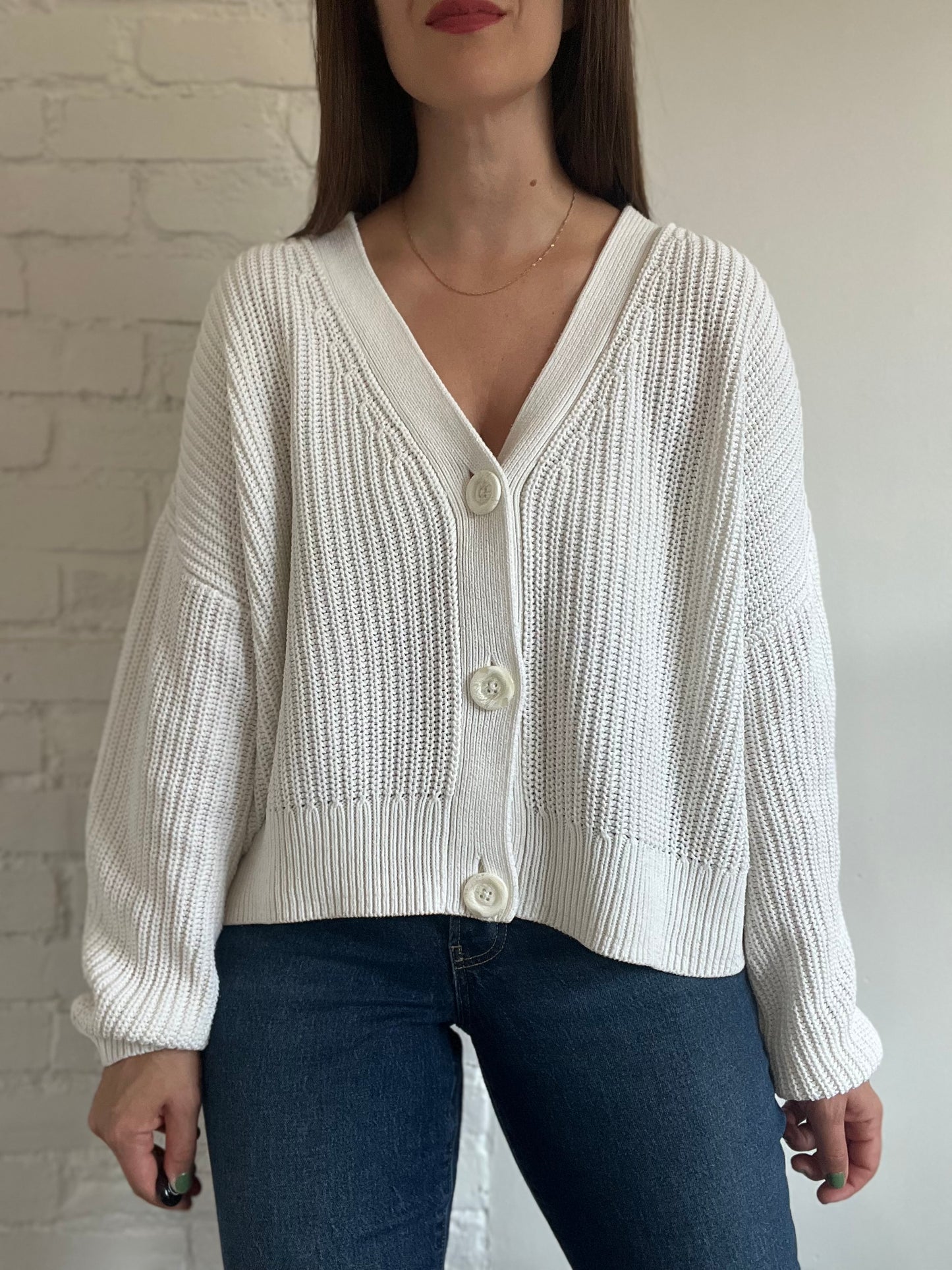 Chunky White Knit Cardigan - Size L (oversized)