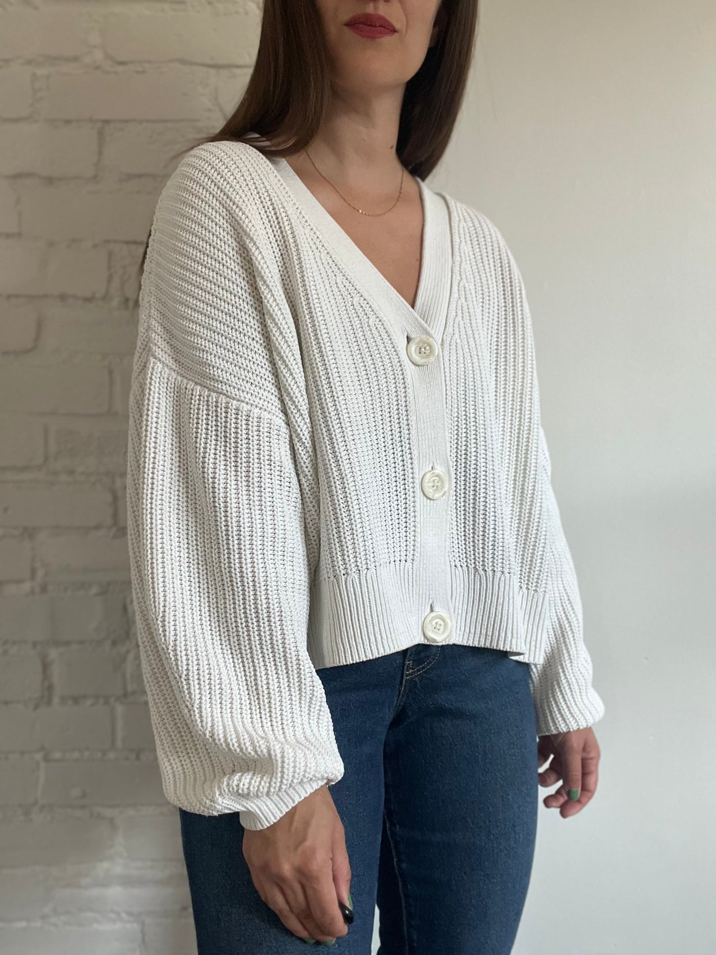 Chunky White Knit Cardigan - Size L (oversized)