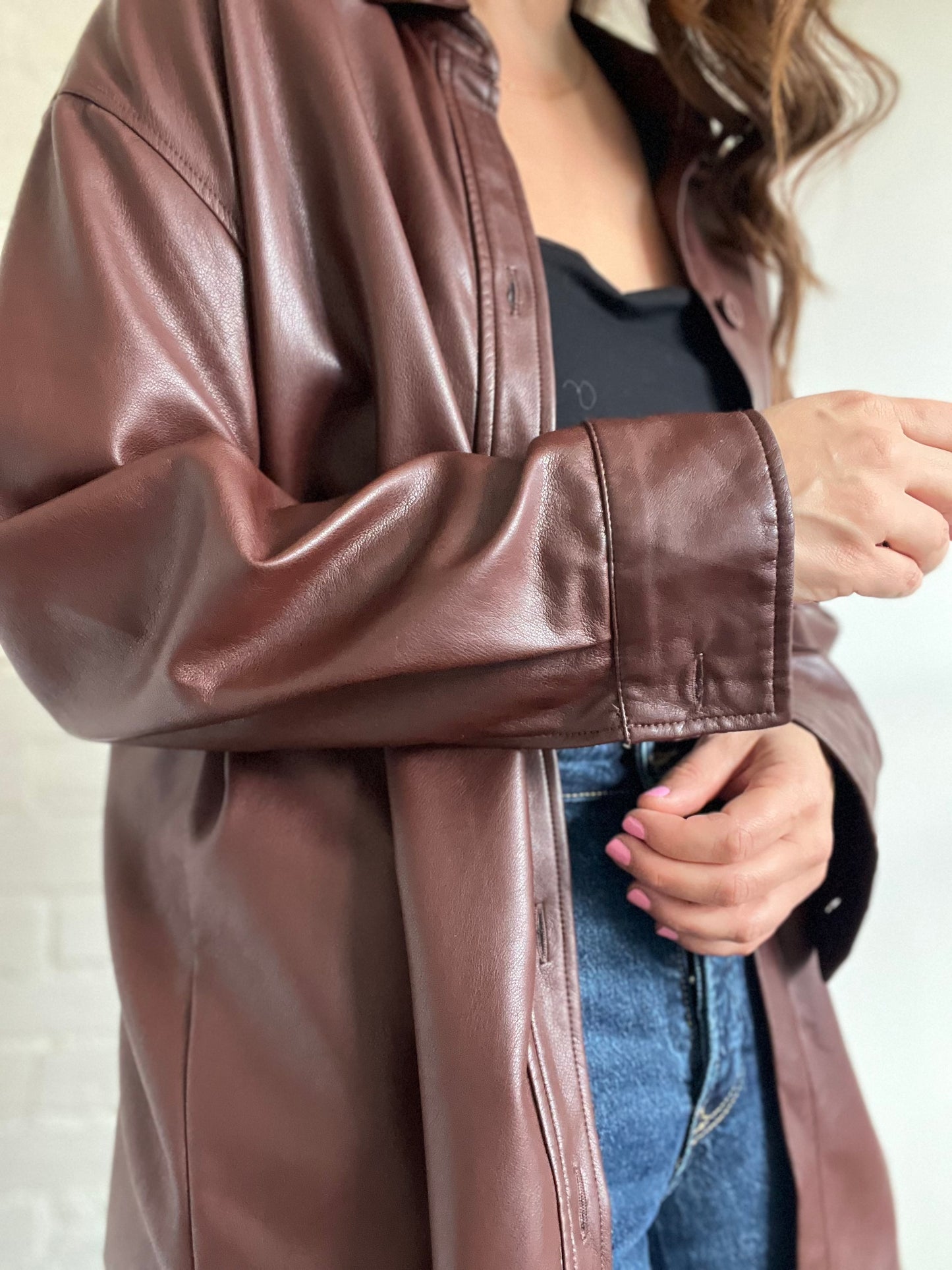 Faux-Leather Shirt Jacket - M