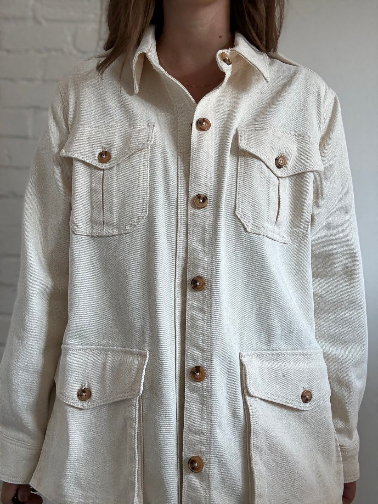 Ivory Cotton Denim Cargo Jacket - Size L