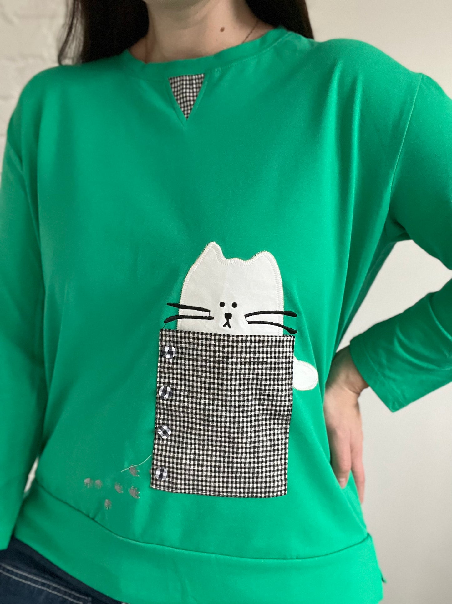 Gingham Cat Emerald Shirt - Size M/L