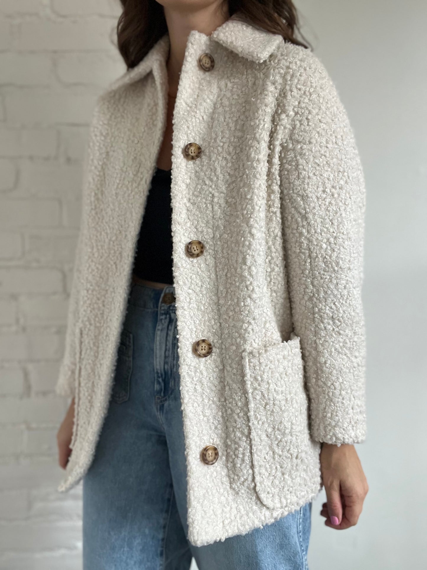 Cream Textured Teddy Jacket - Size 4 or S (oversized)