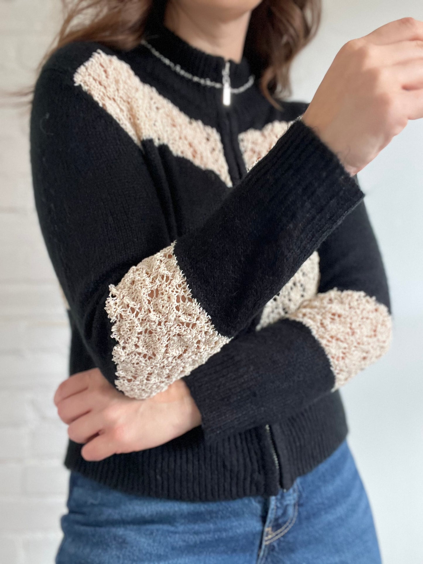 Black & Cream Crochet Bomber - M (oversized)