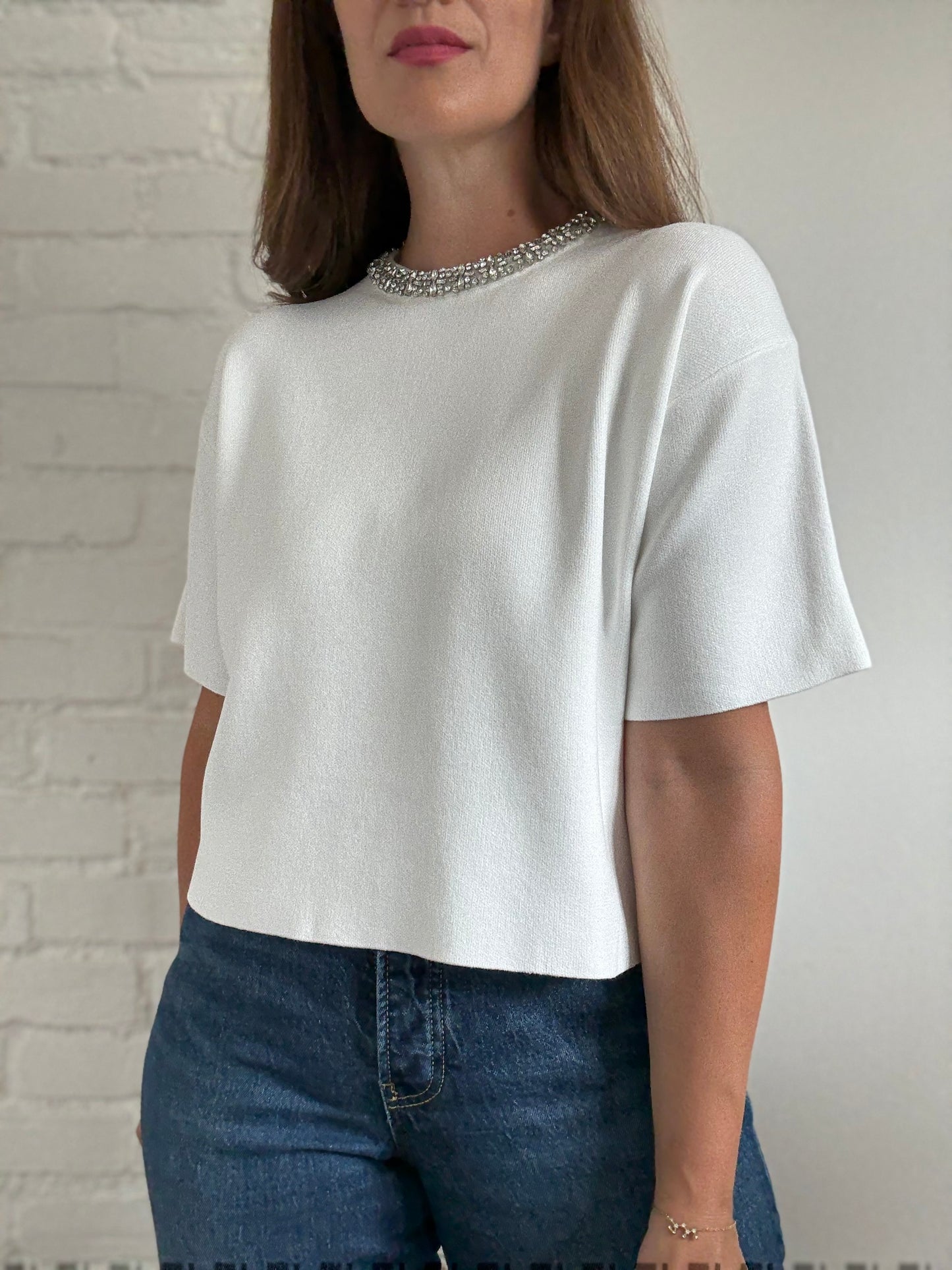 Embellished White Knit Top - Size S