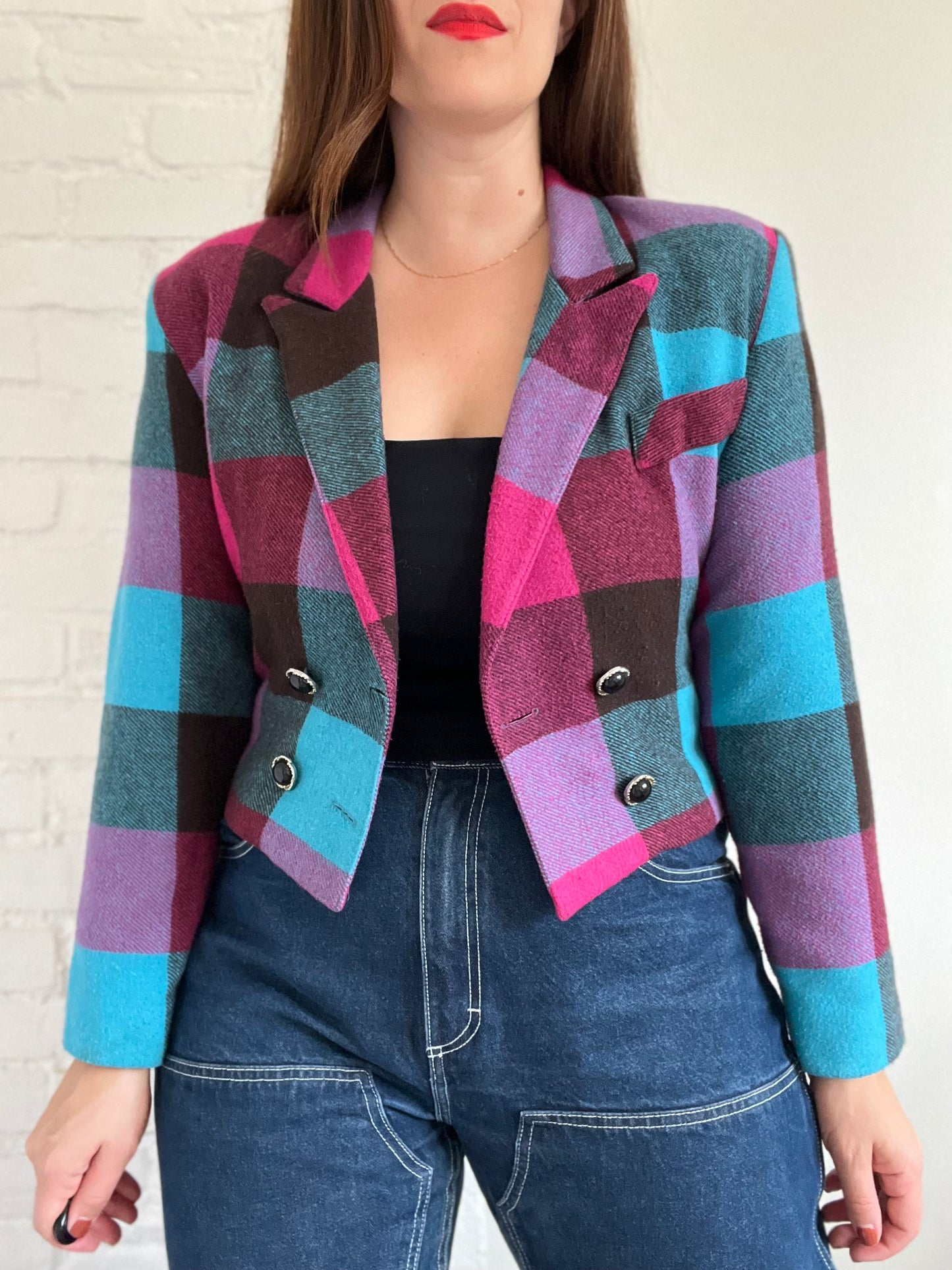 Vintage Cropped Plaid Blazer - Size M