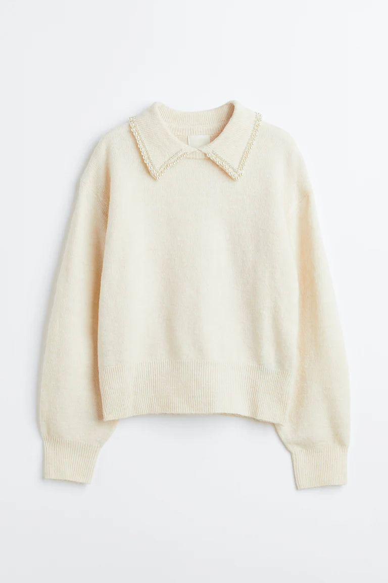 Beaded Collar Cream Sweater - XL