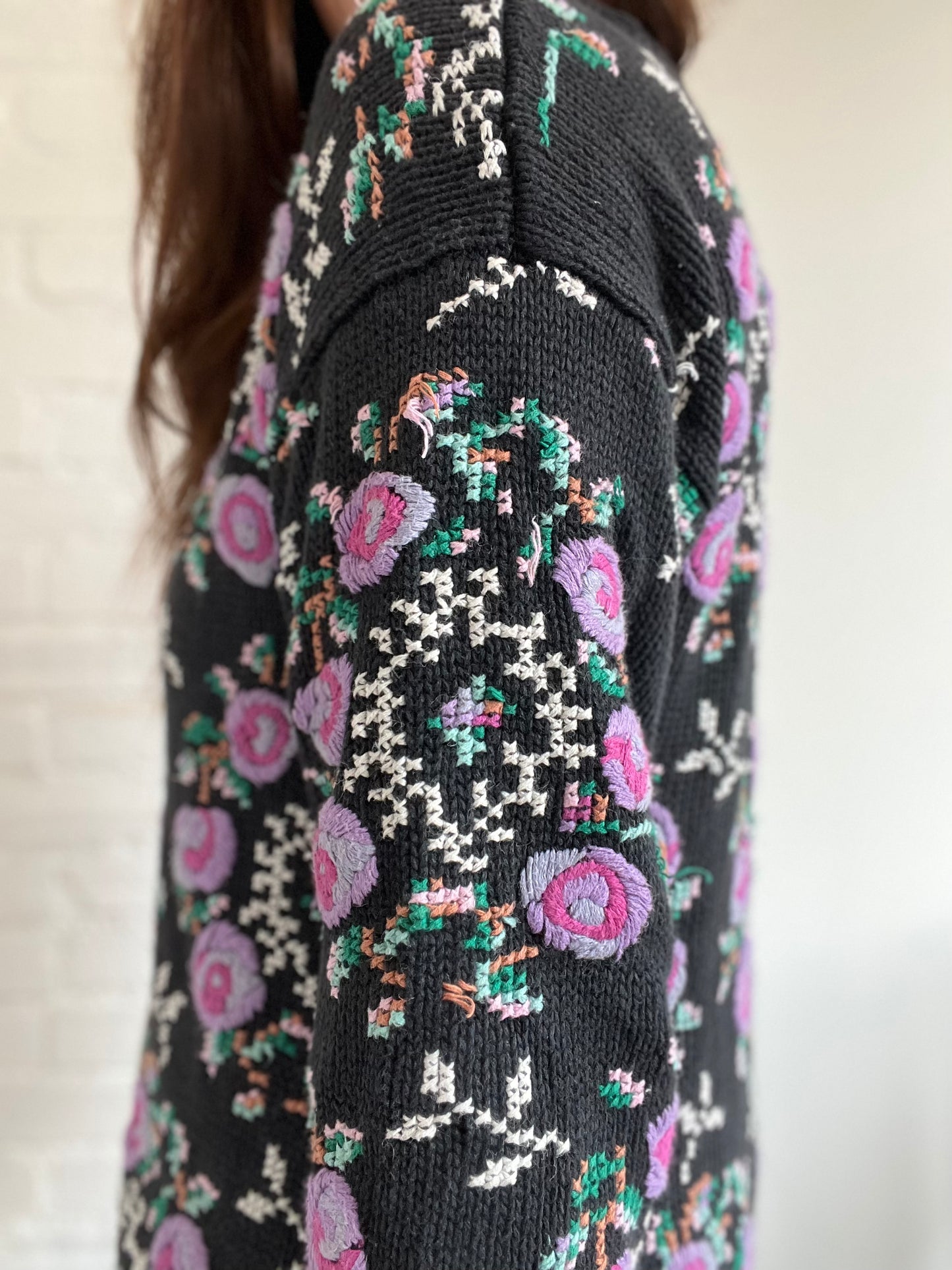 Purple Pixel Floral Knit Sweater - L