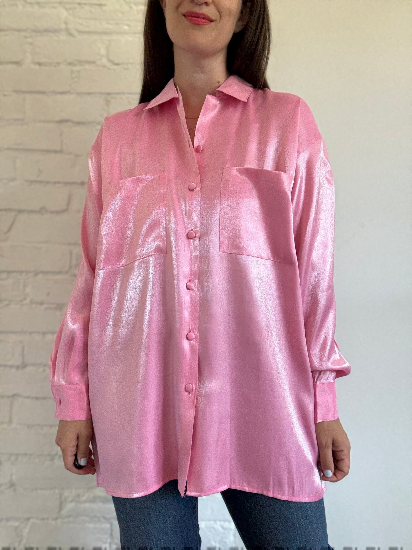 Oversized Bubblegum Satin Shirt - Size L