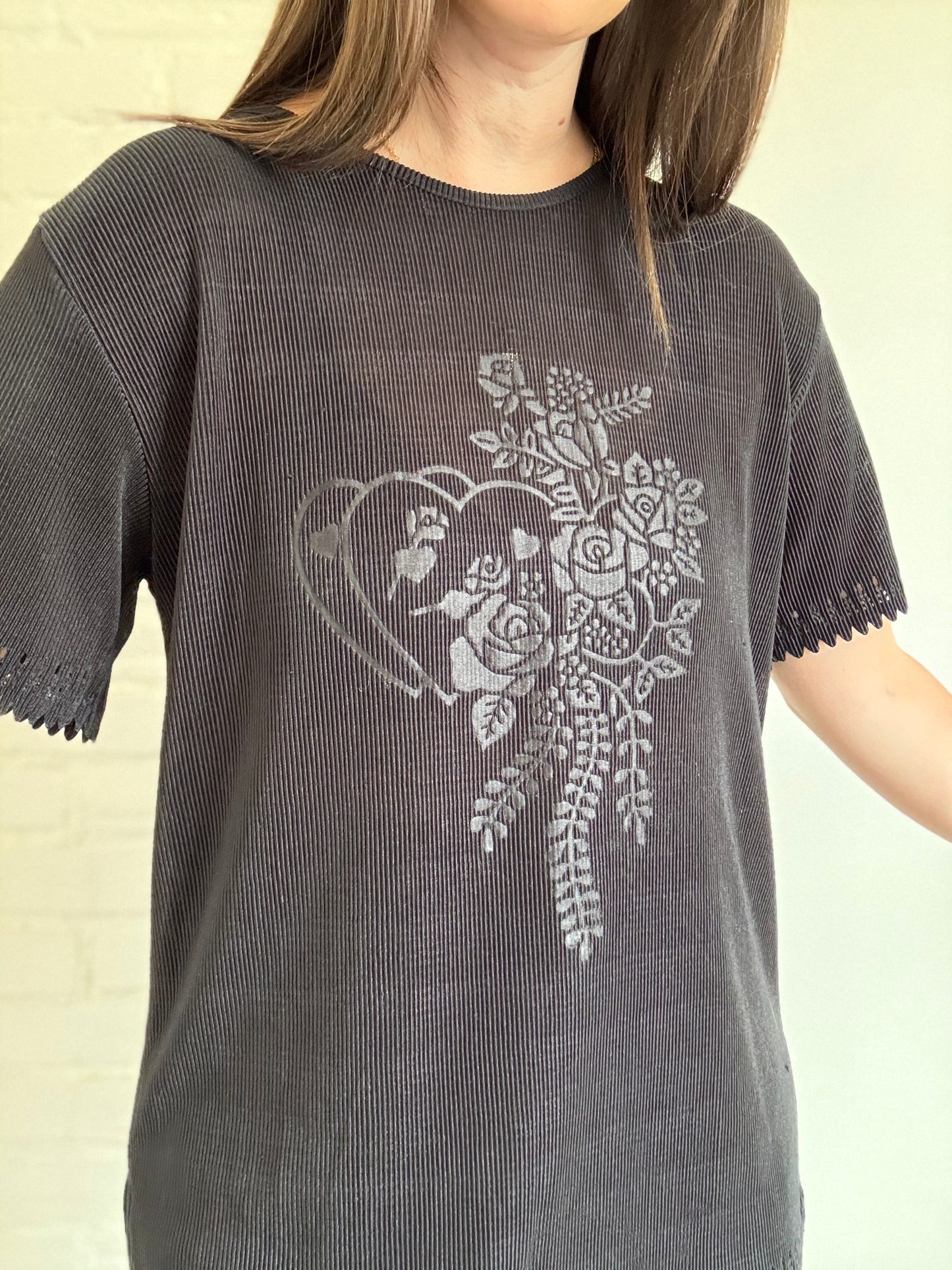 Black Plisse Floral Shirt - Size L