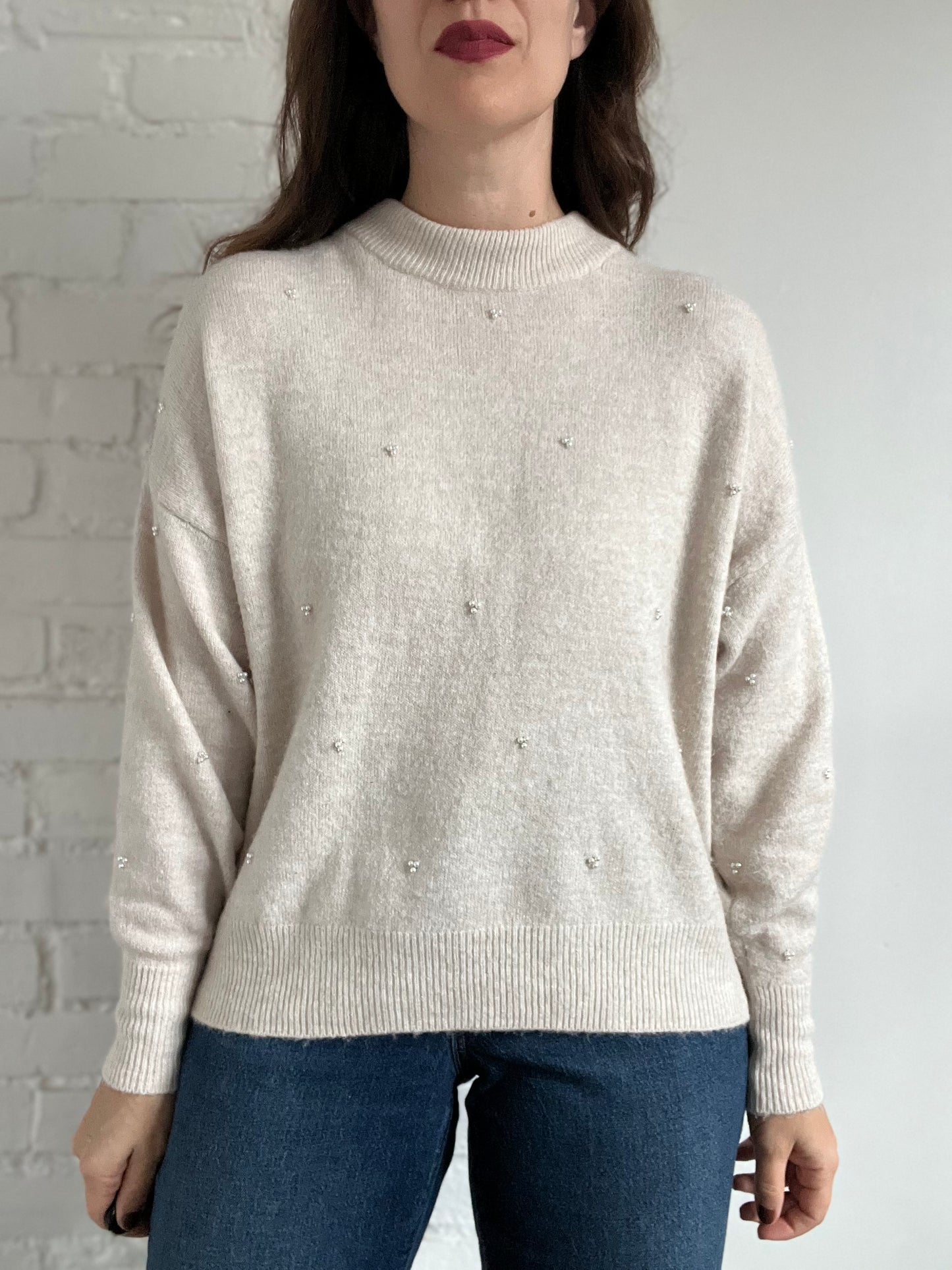 Cream Pearl Mock Neck Sweater - M