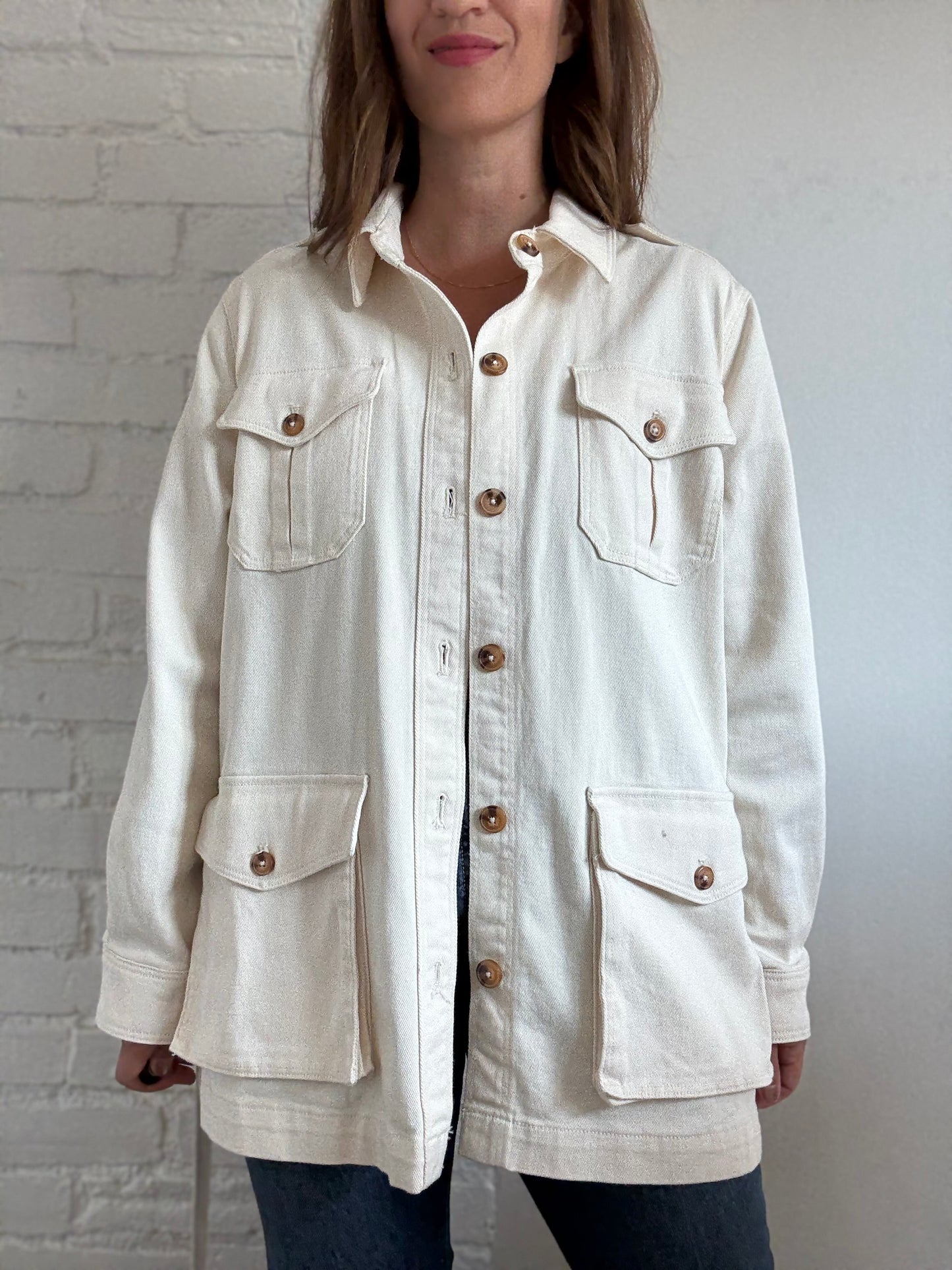 Ivory Cotton Denim Cargo Jacket - Size L