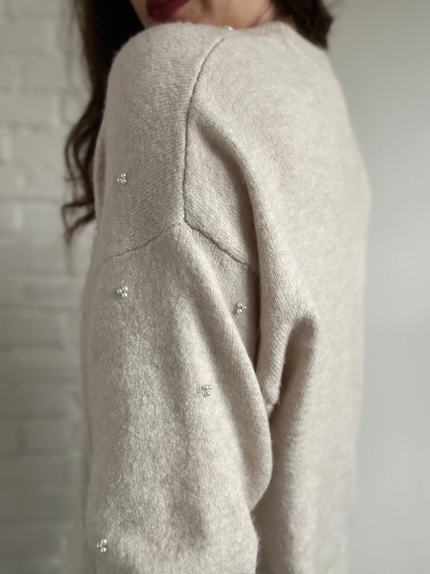 Cream Pearl Mock Neck Sweater - M