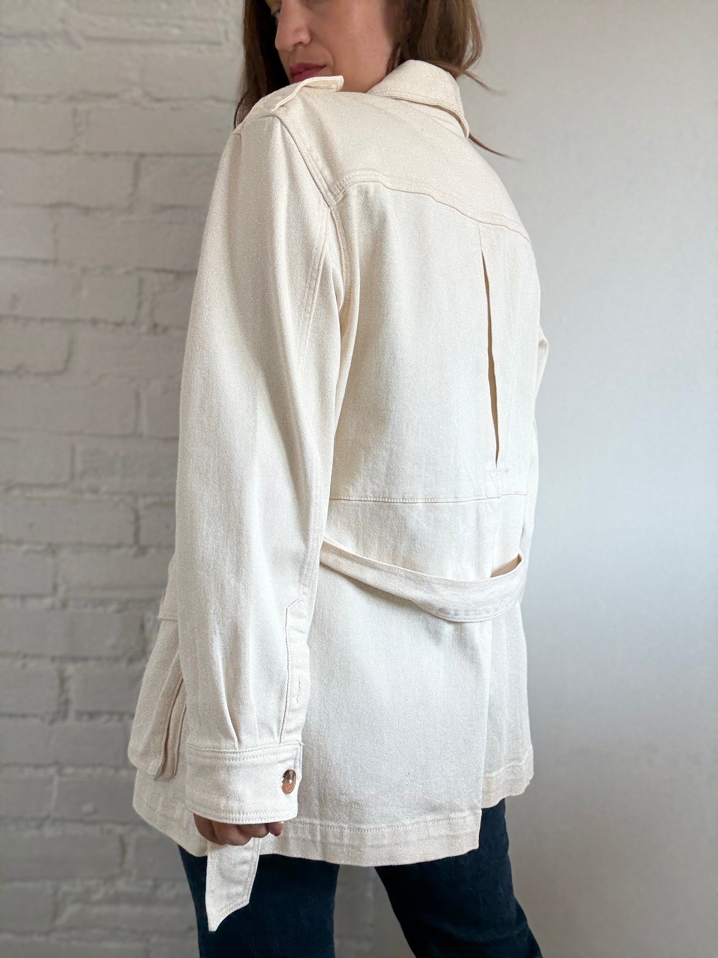 Ivory Cotton Denim Cargo Jacket - Size L