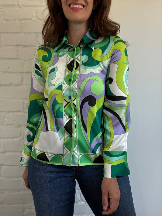 Colourful Psychedelic Satin Shirt - Size S