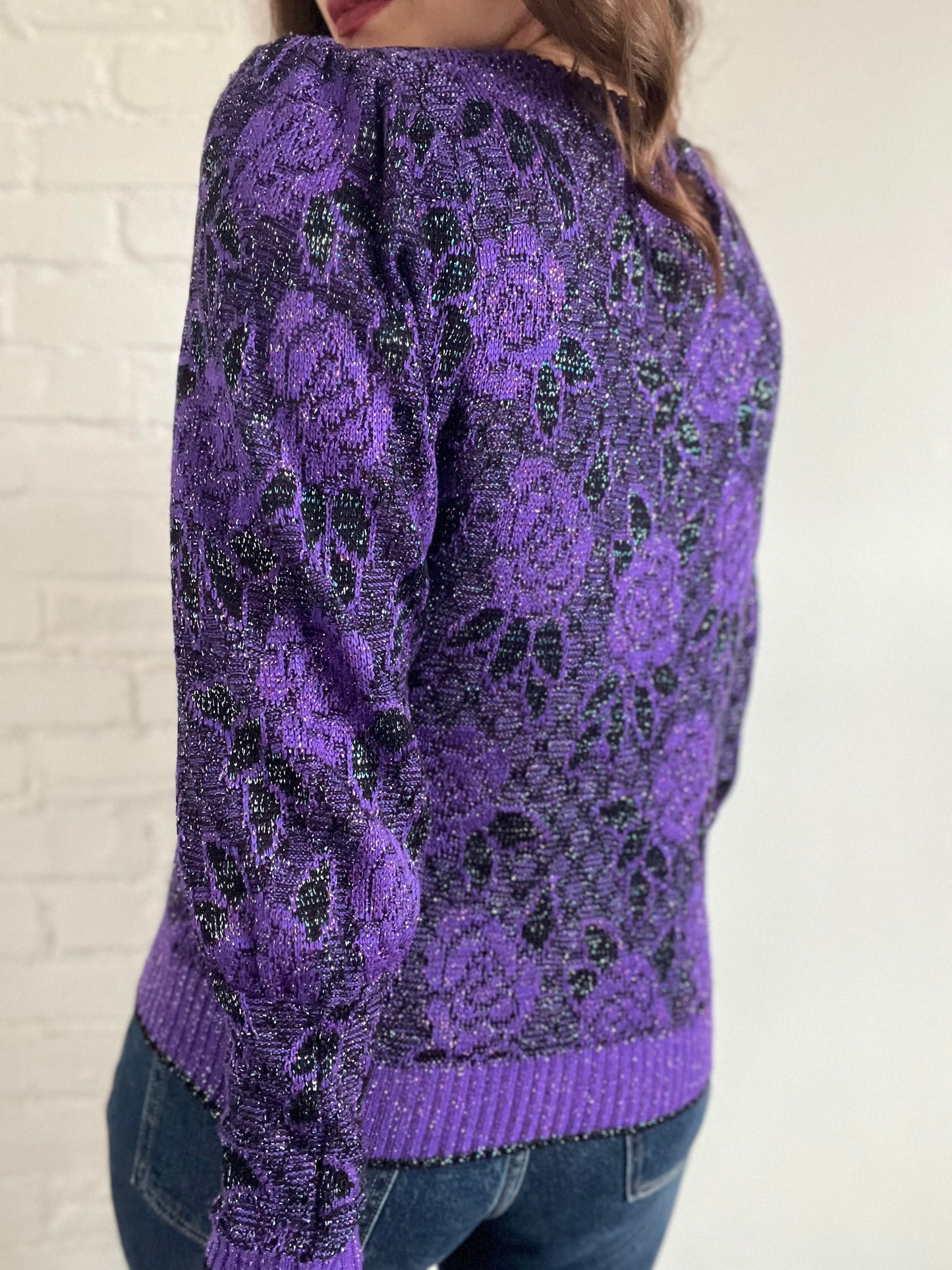 Metallic Purple Rose Sweater - S/M