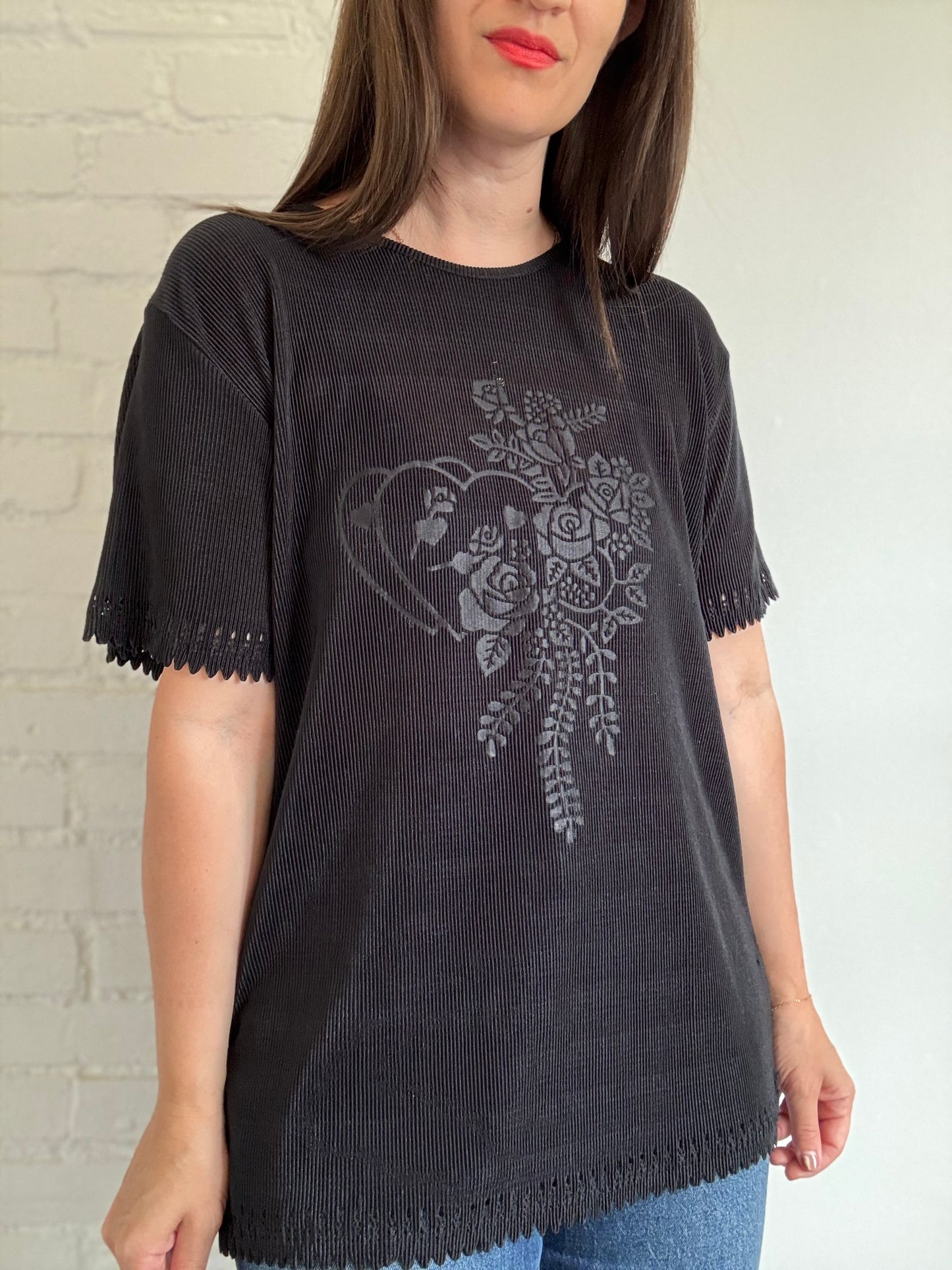 Black Plisse Floral Shirt - Size L