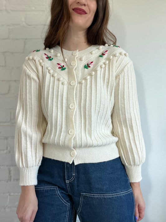 Pom Pom Floral Cardigan  - S/M/L