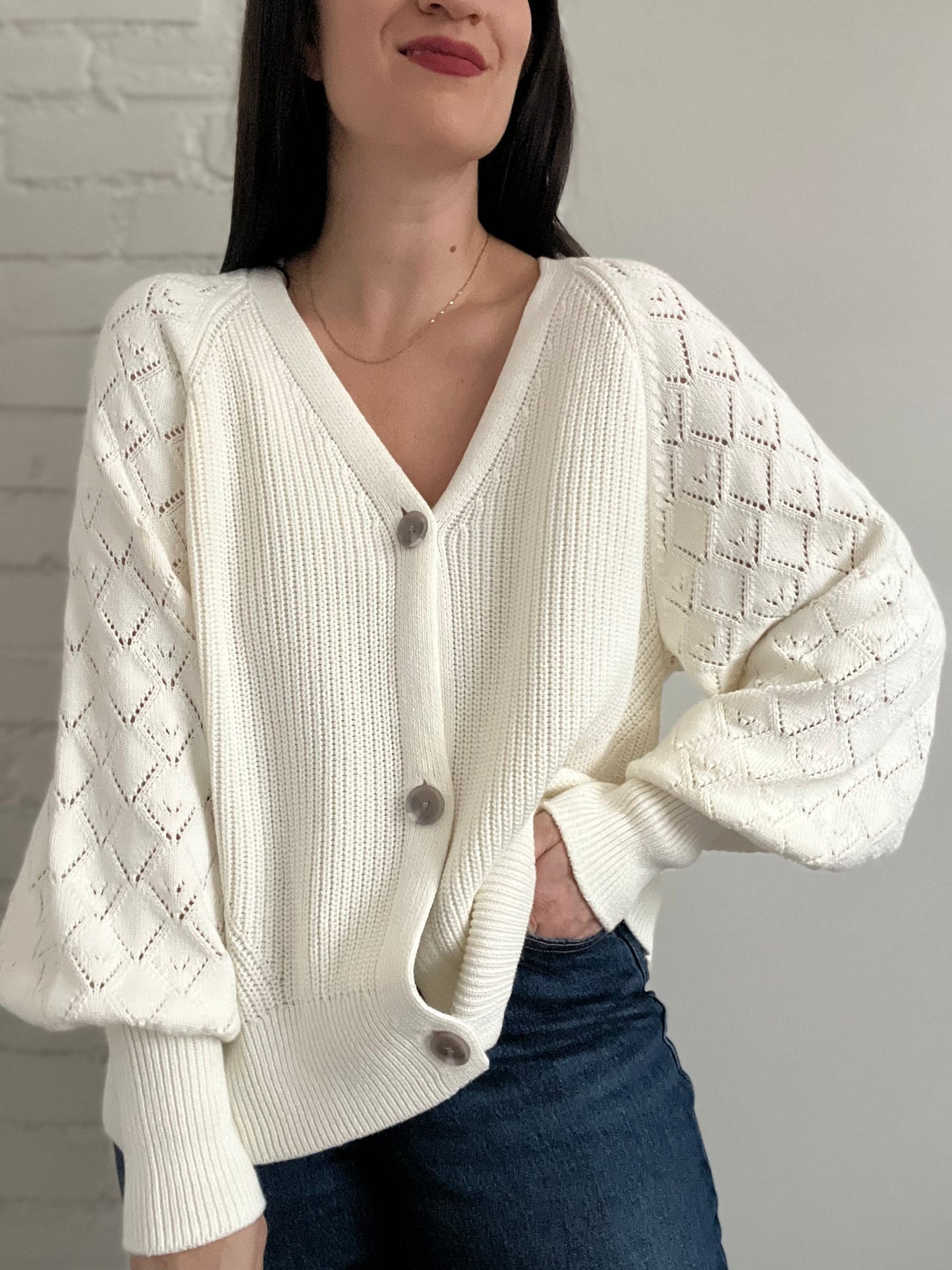 Cream Textured Knit Cardigan - XL