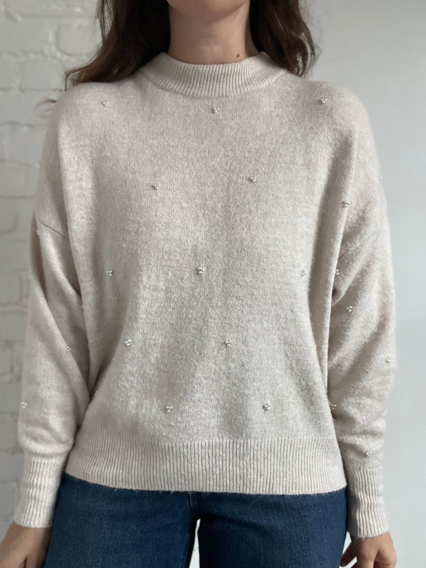 Cream Pearl Mock Neck Sweater - M