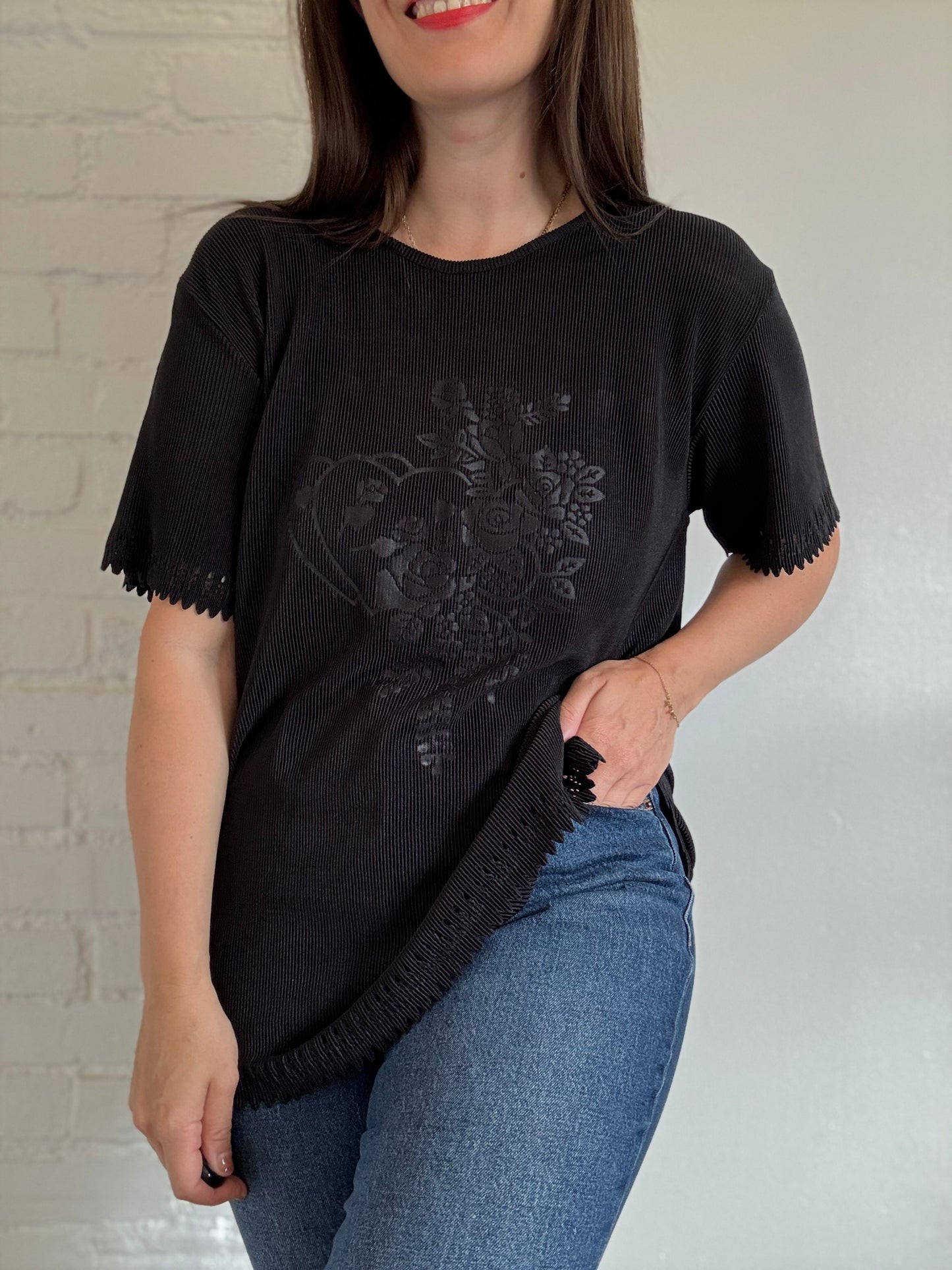 Black Plisse Floral Shirt - Size L