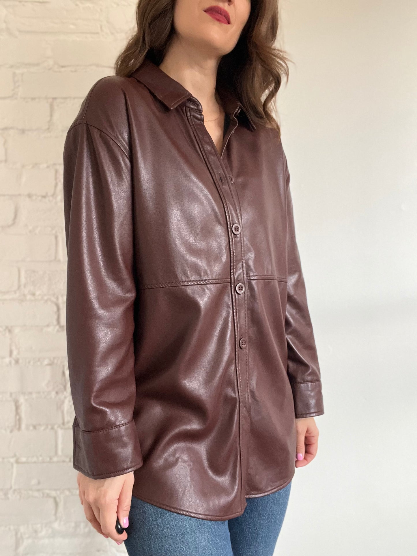 Faux-Leather Shirt Jacket - M