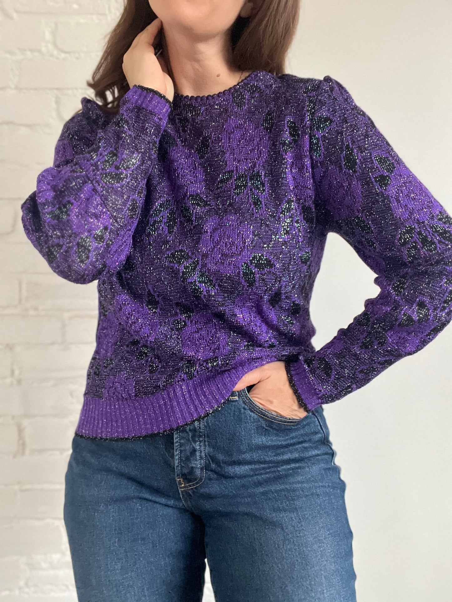 Metallic Purple Rose Sweater - S/M