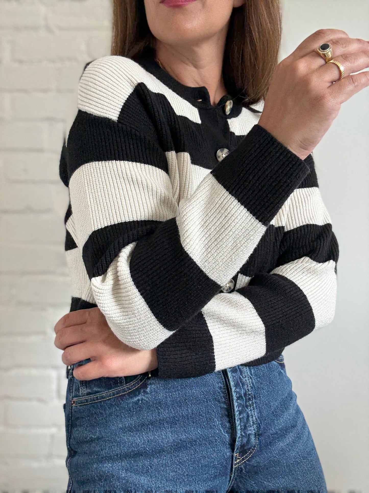 B&W Striped Plushy Cardigan - Size XS/S