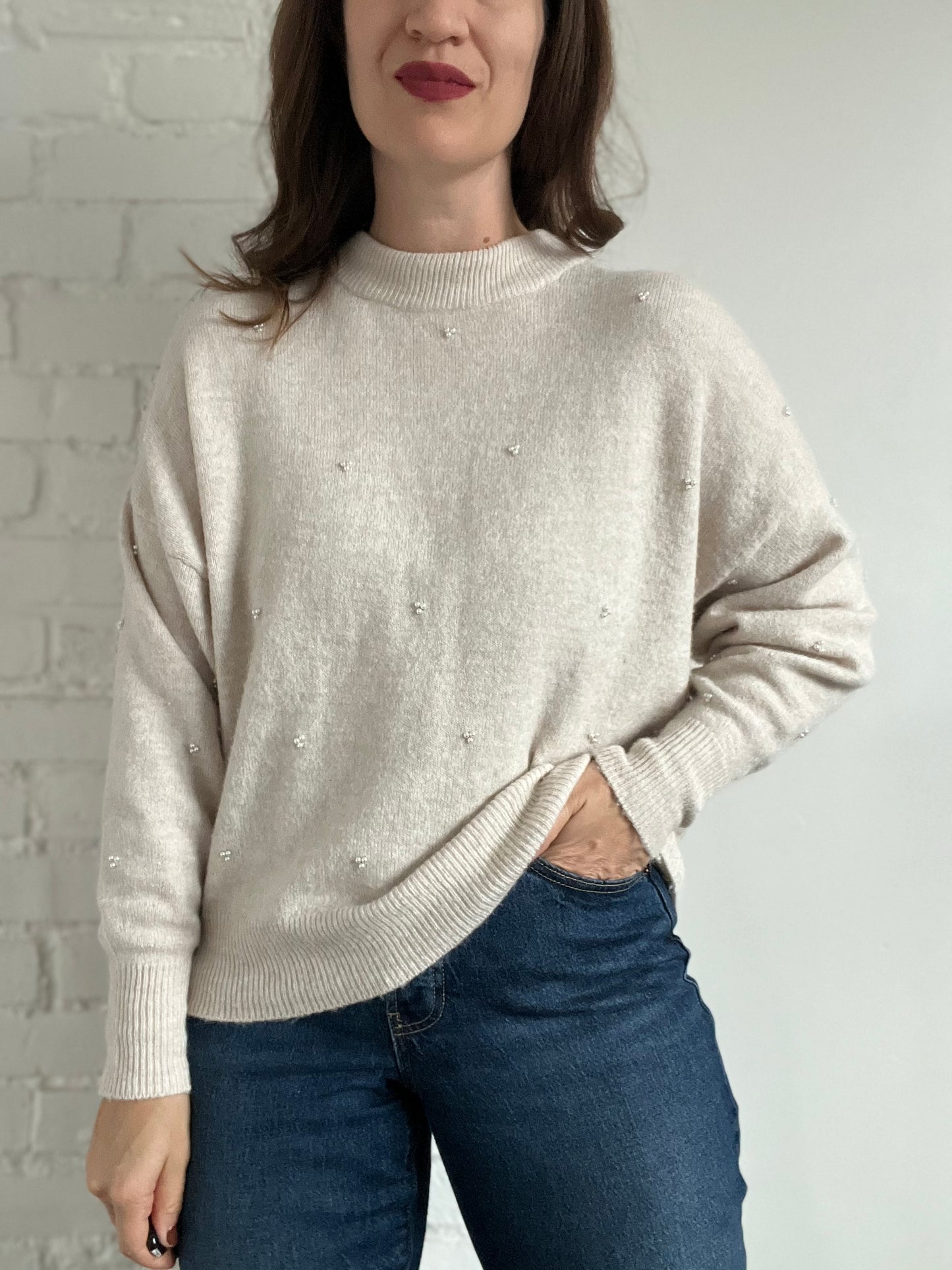 Cream Pearl Mock Neck Sweater - M