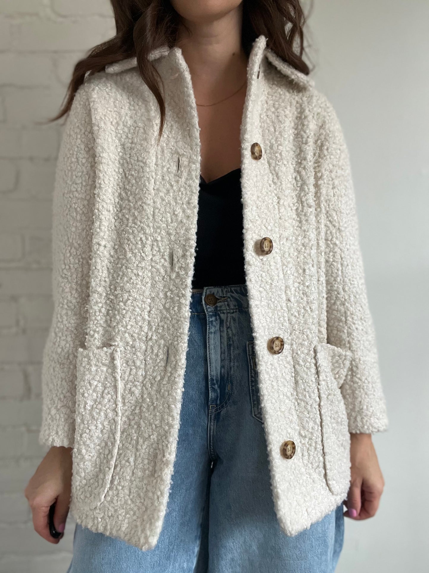 Cream Textured Teddy Jacket - Size 4 or S (oversized)