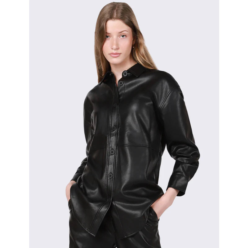 Faux-Leather Shirt Jacket - M