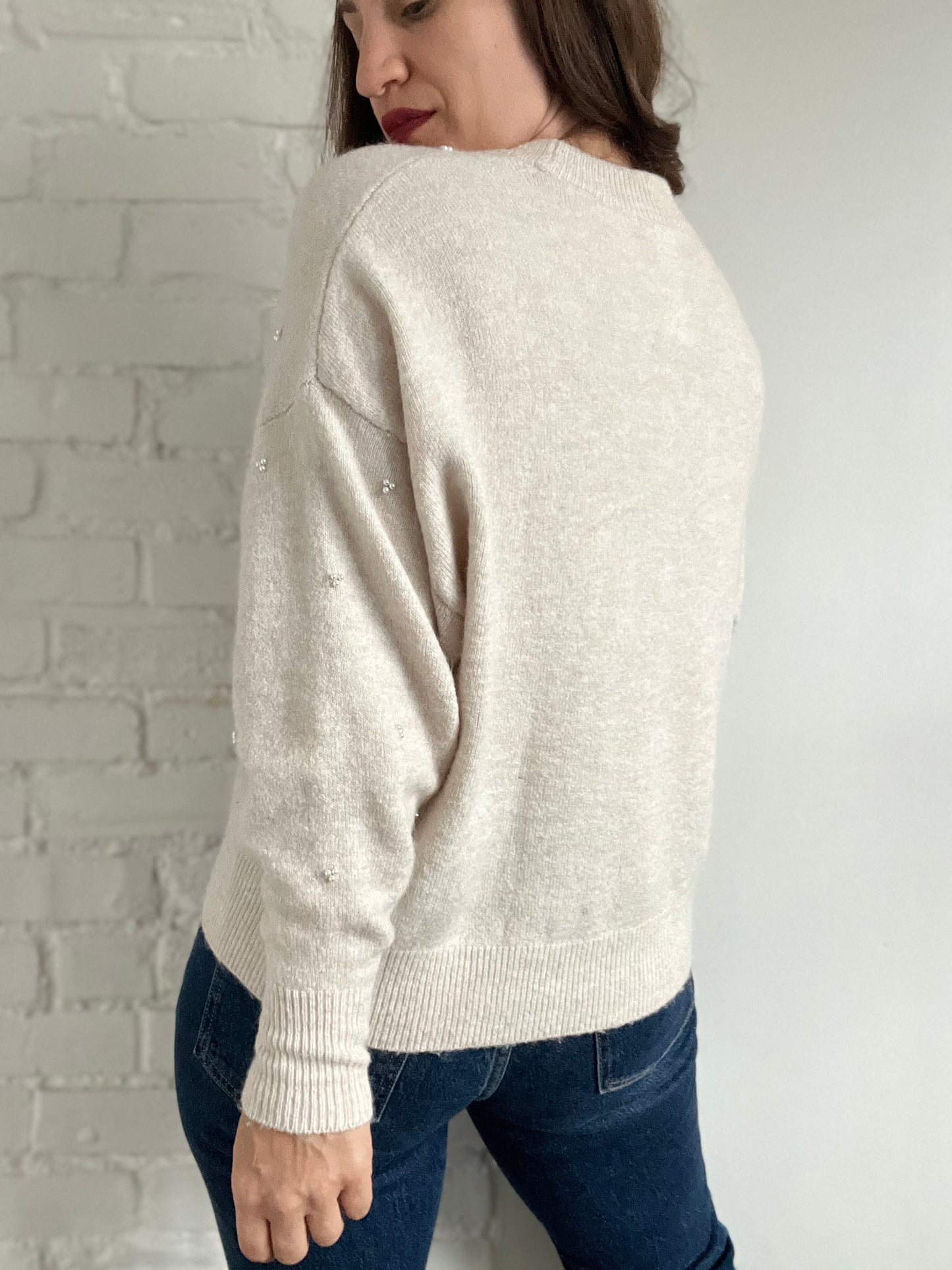 Cream Pearl Mock Neck Sweater - M