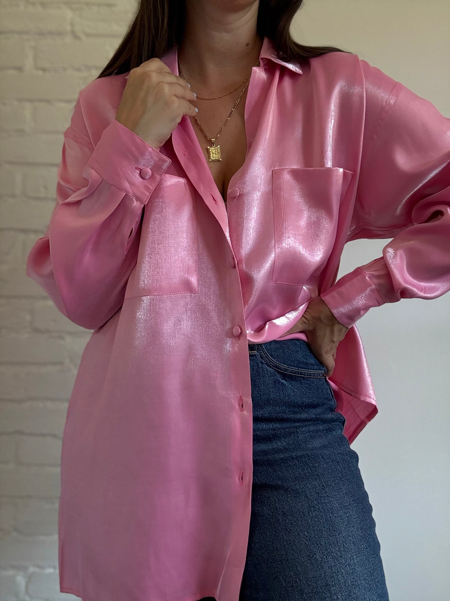 Oversized Bubblegum Satin Shirt - Size L