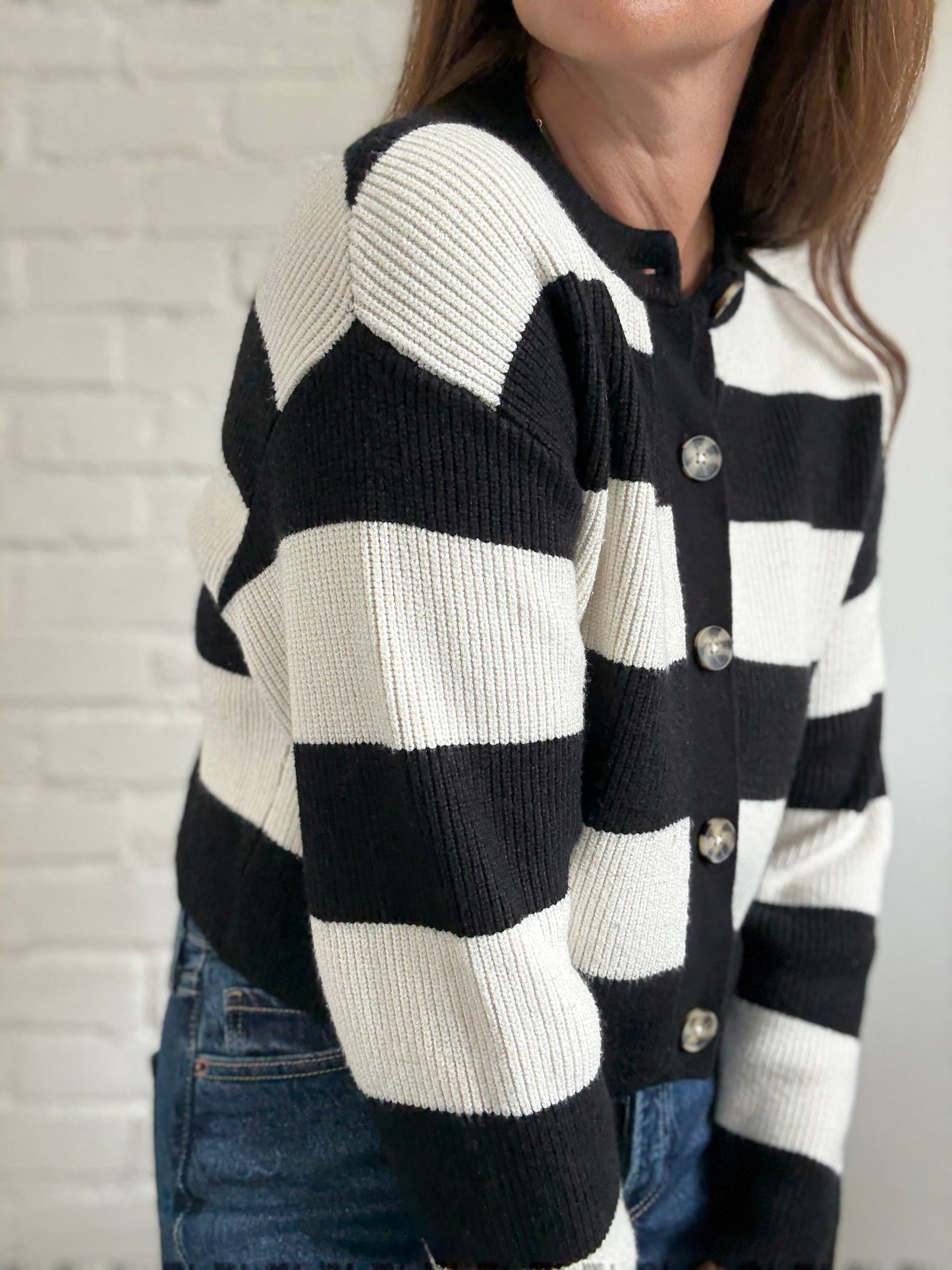 B&W Striped Plushy Cardigan - Size XS/S