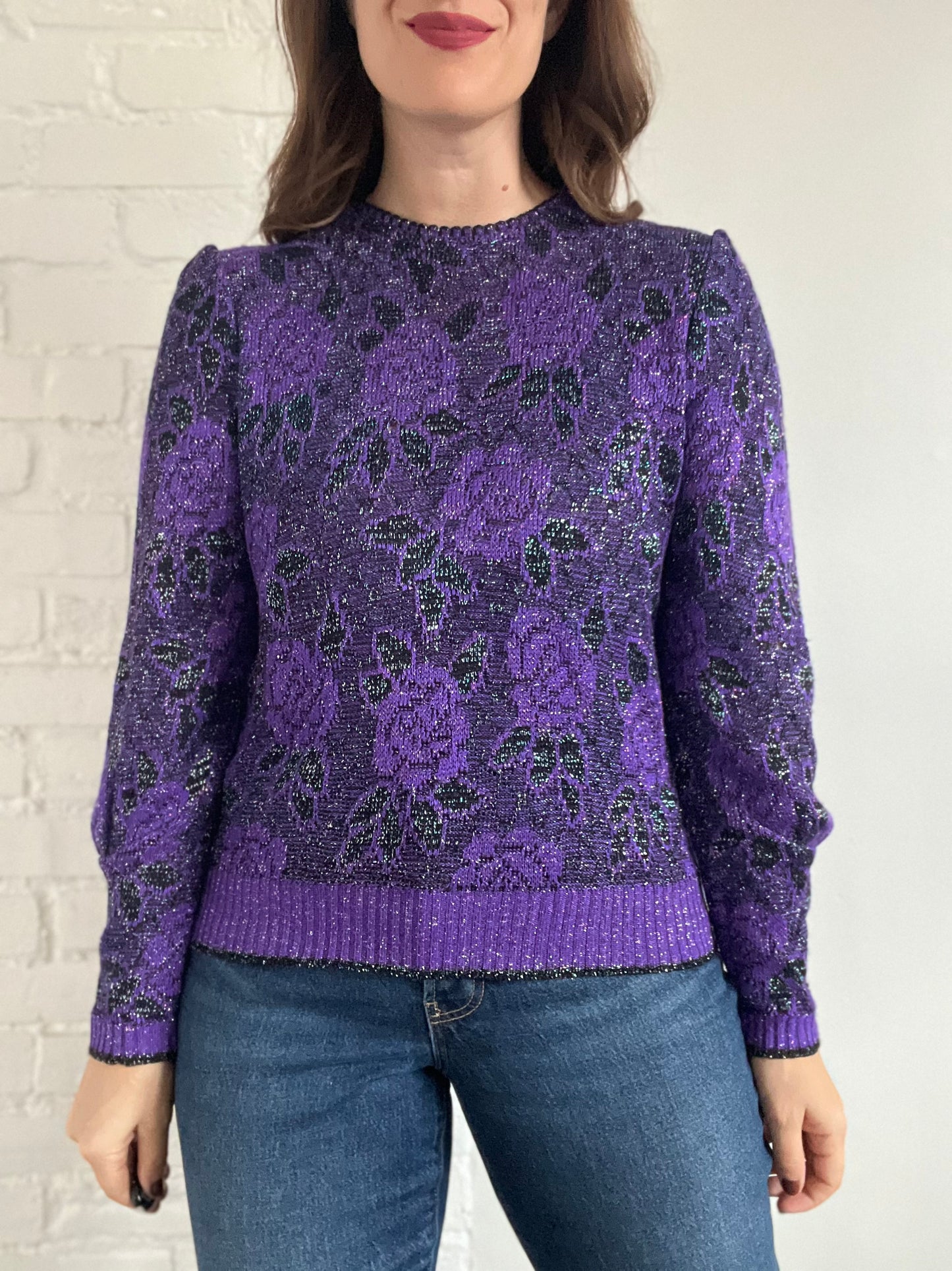 Metallic Purple Rose Sweater - S/M