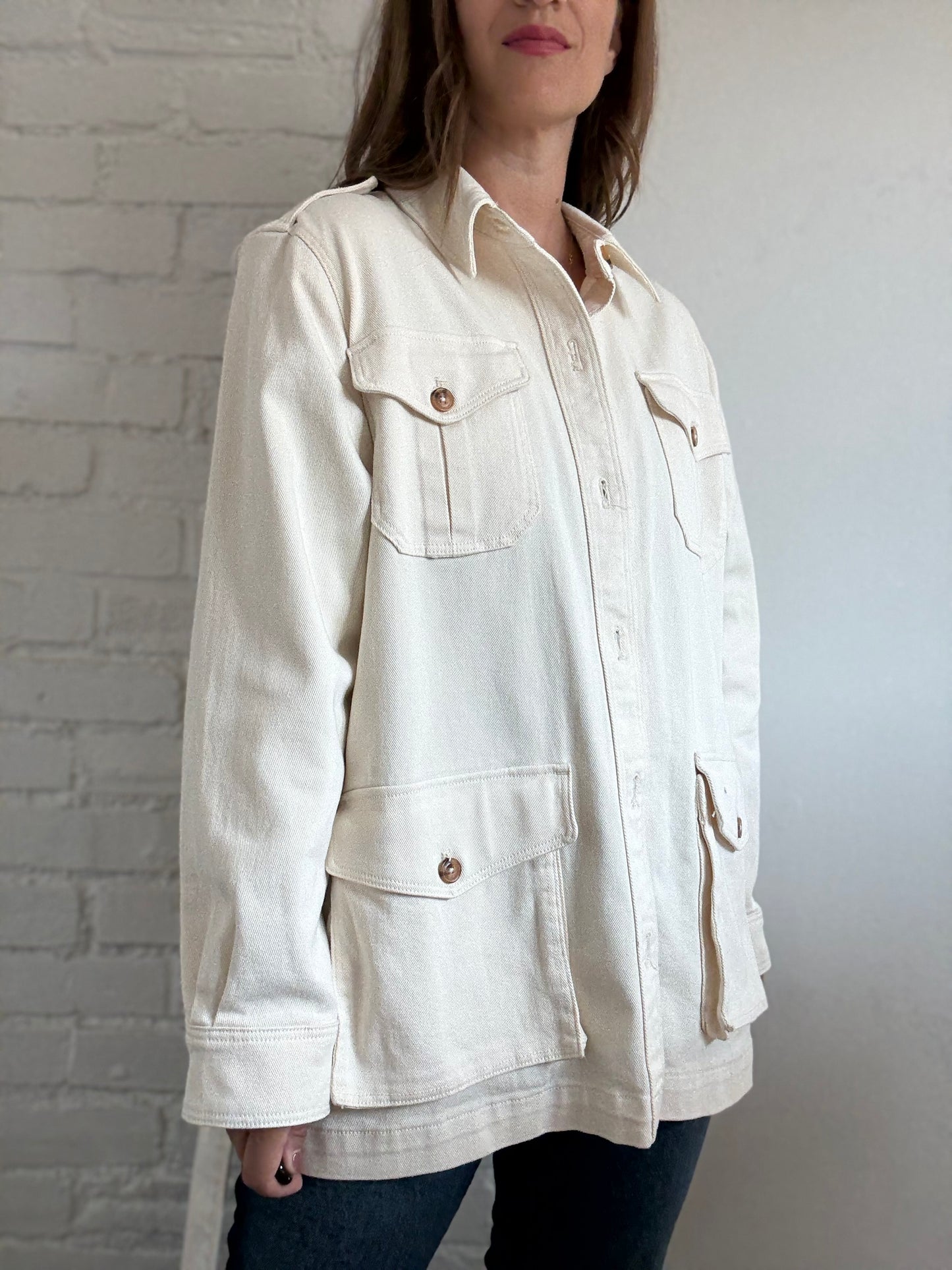 Ivory Cotton Denim Cargo Jacket - Size L