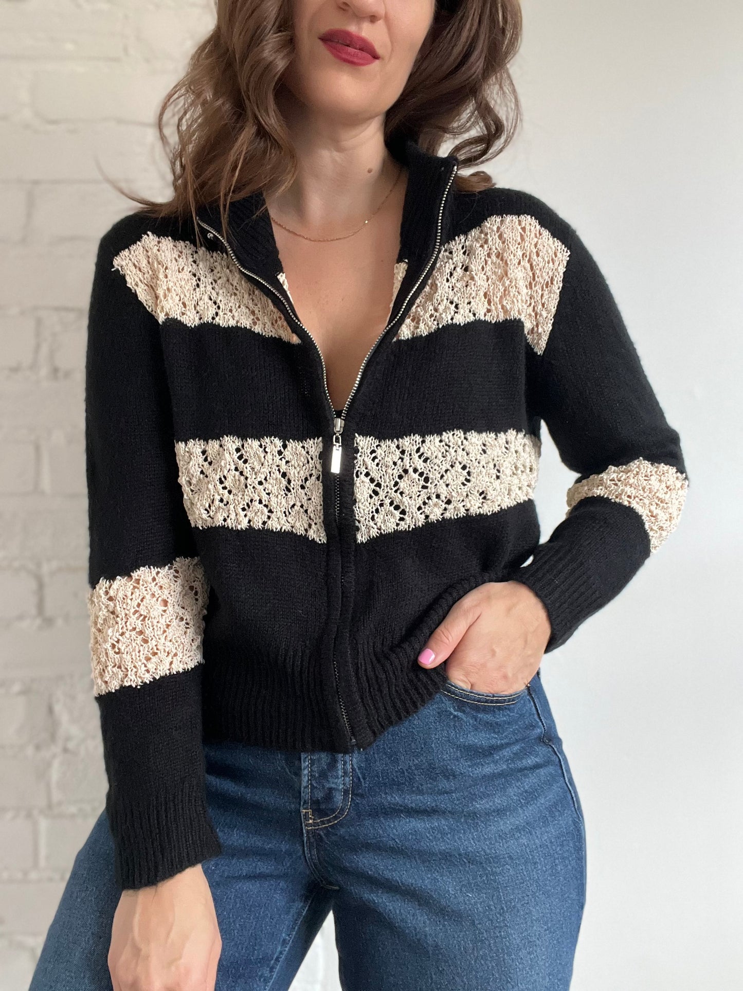 Black & Cream Crochet Bomber - M (oversized)