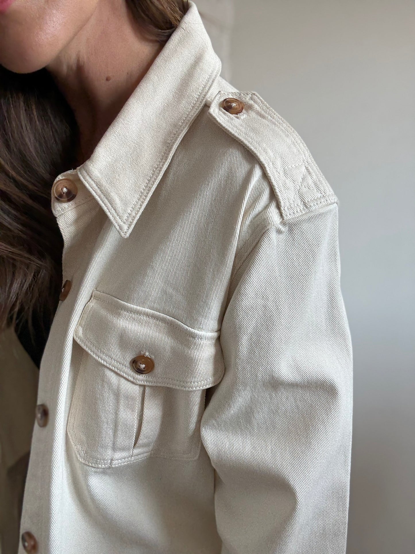 Ivory Cotton Denim Cargo Jacket - Size L