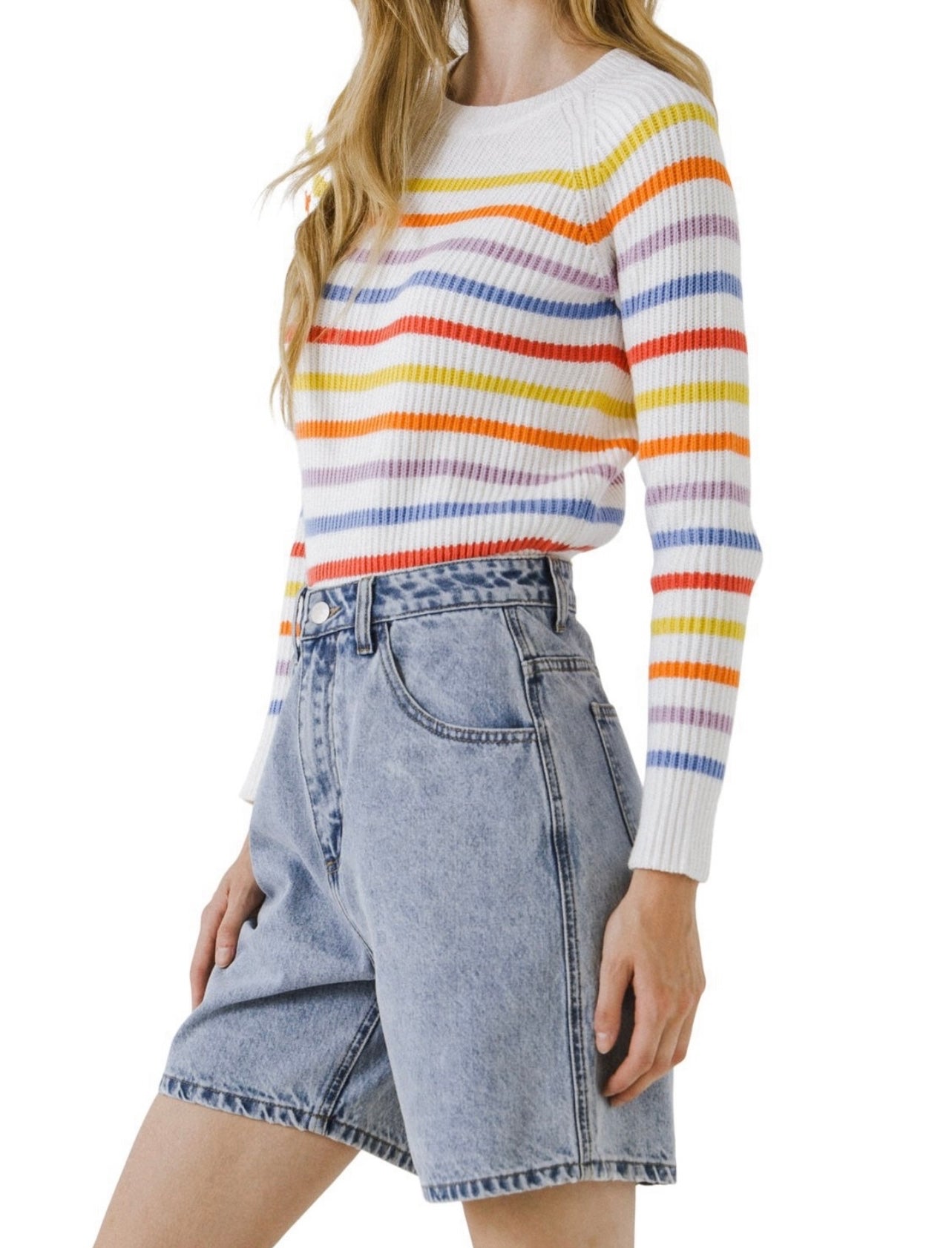 Rainbow Striped Rib Knit Sweater - M