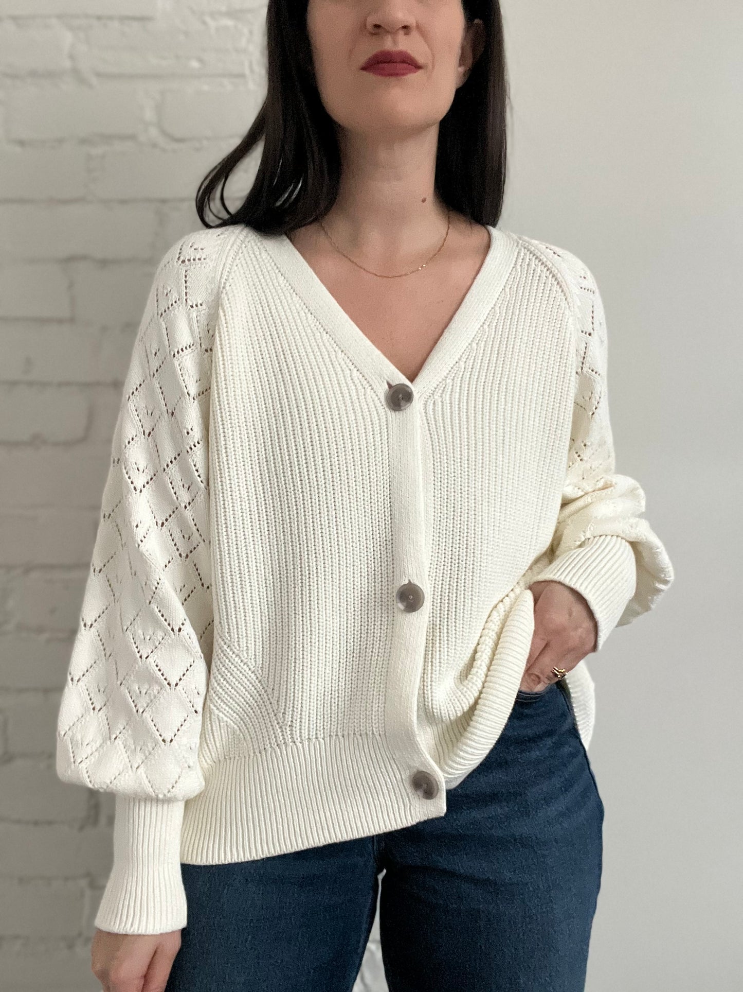 Cream Textured Knit Cardigan - XL