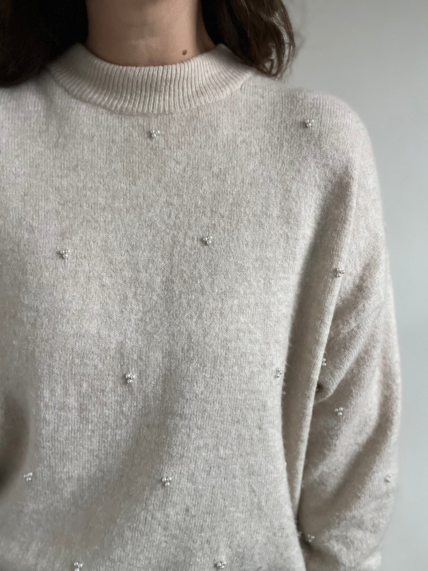 Cream Pearl Mock Neck Sweater - M