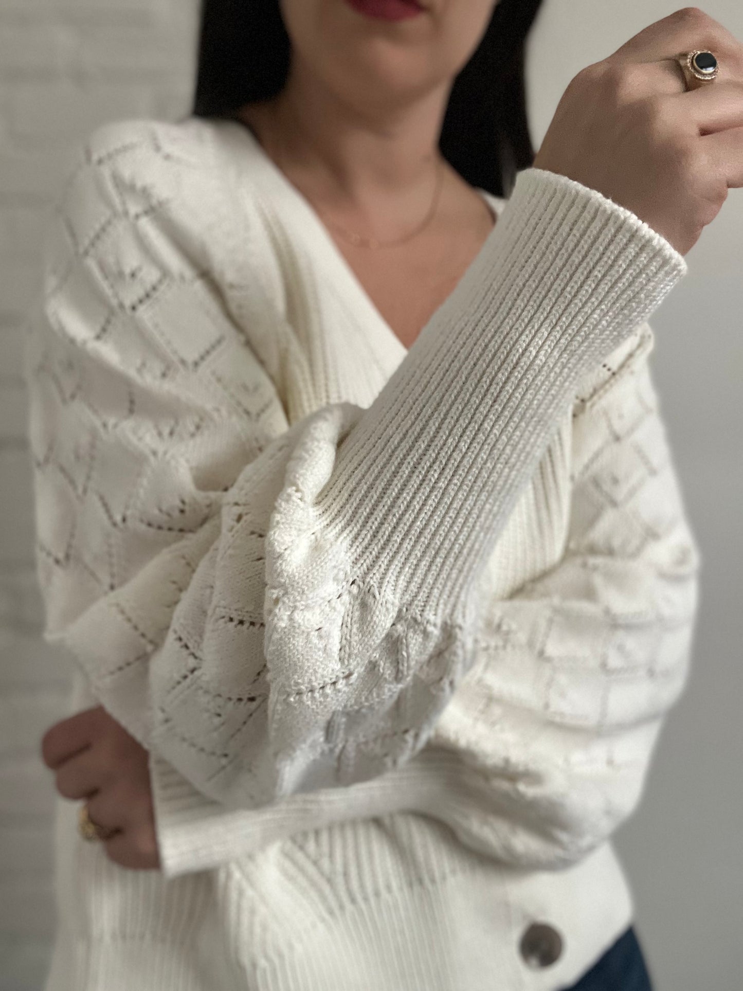 Cream Textured Knit Cardigan - XL