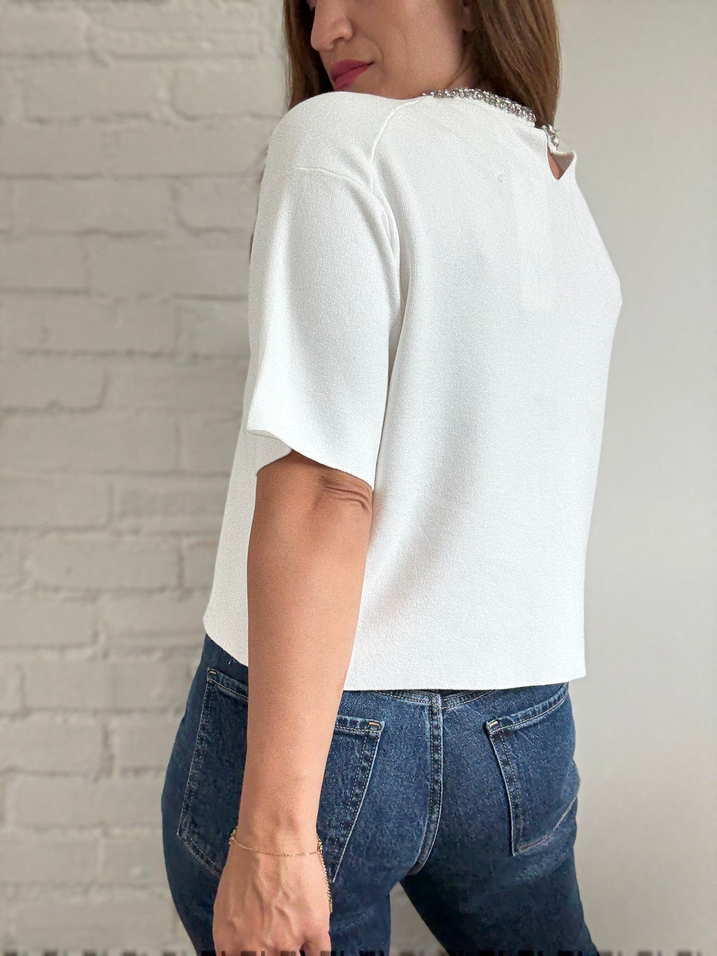 Embellished White Knit Top - Size S